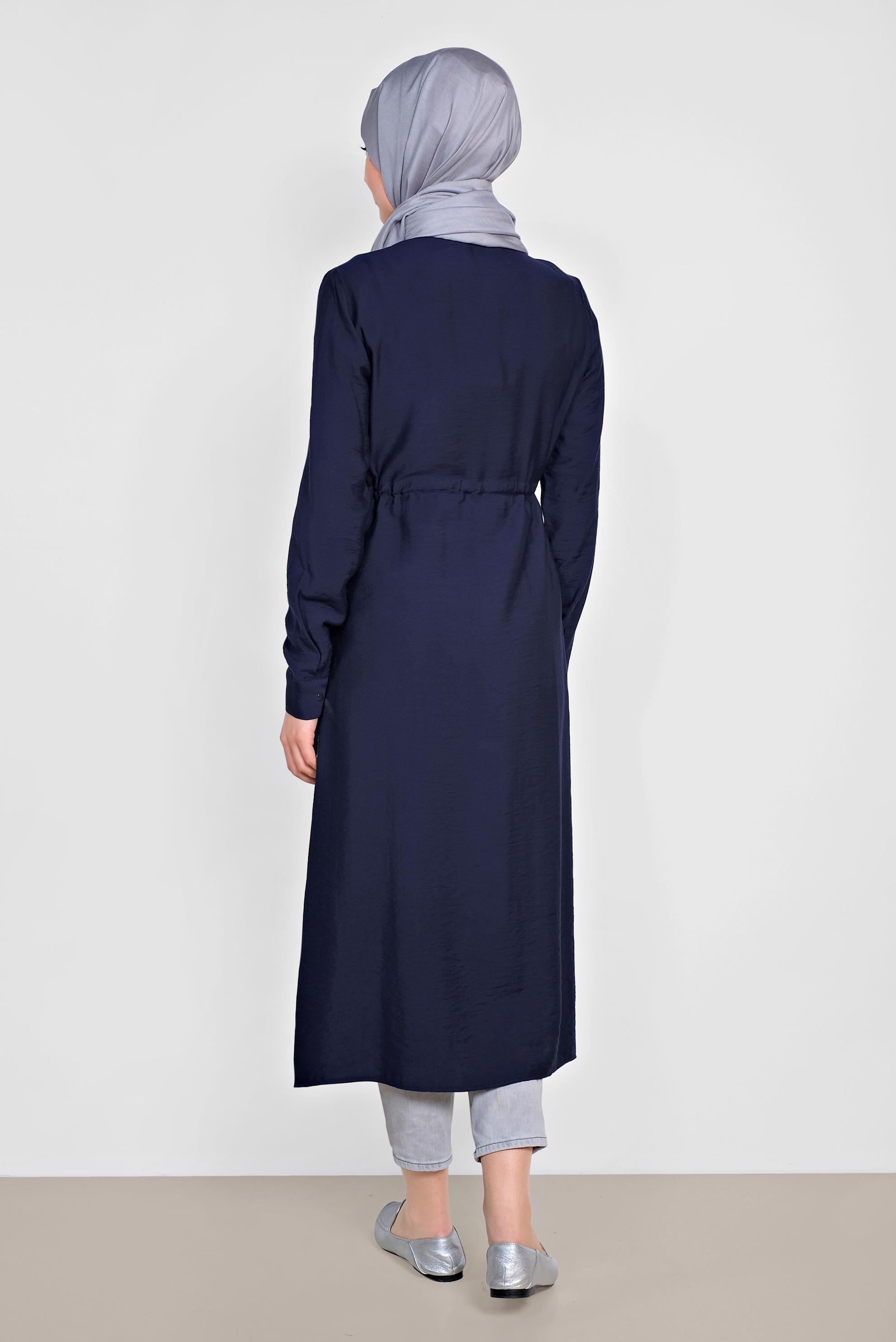 Tesettür giyim LACİVERT BELİ BÜZGÜLÜ ÖNDEN DÜĞMELİ TUNİK 4165