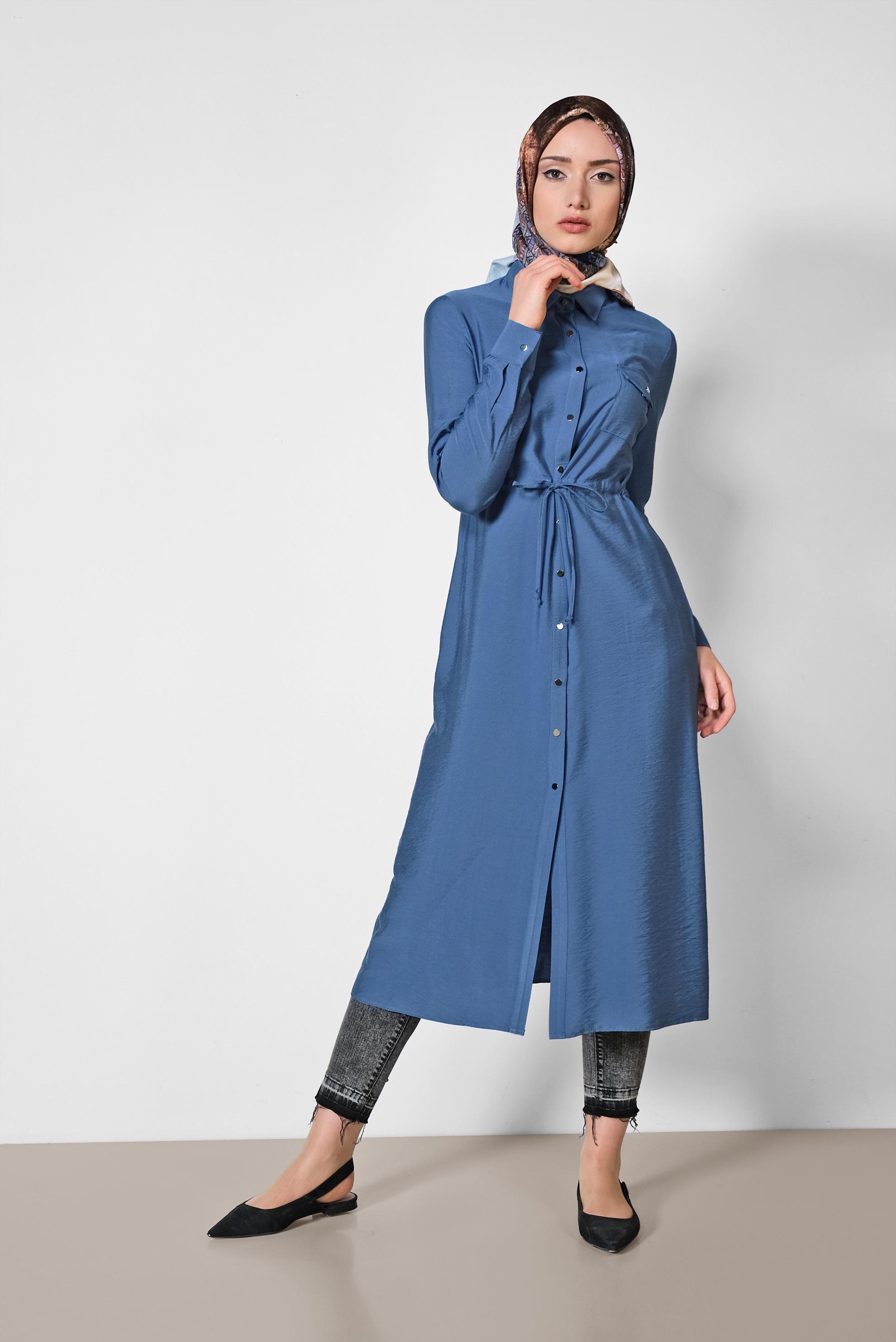 Tesettür giyim LACİVERT BELİ BÜZGÜLÜ ÖNDEN DÜĞMELİ TUNİK 4165