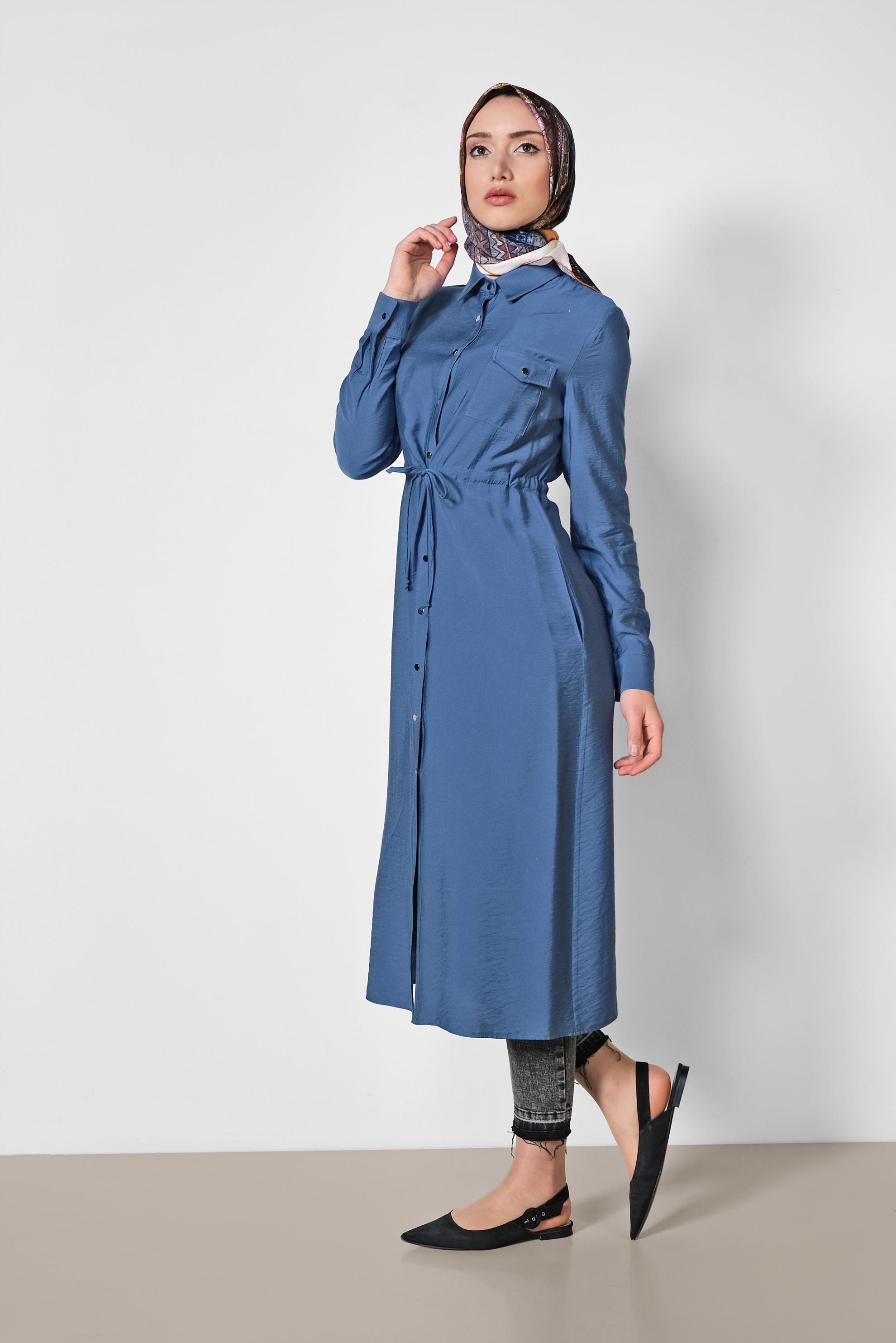 Tesettür giyim LACİVERT BELİ BÜZGÜLÜ ÖNDEN DÜĞMELİ TUNİK 4165