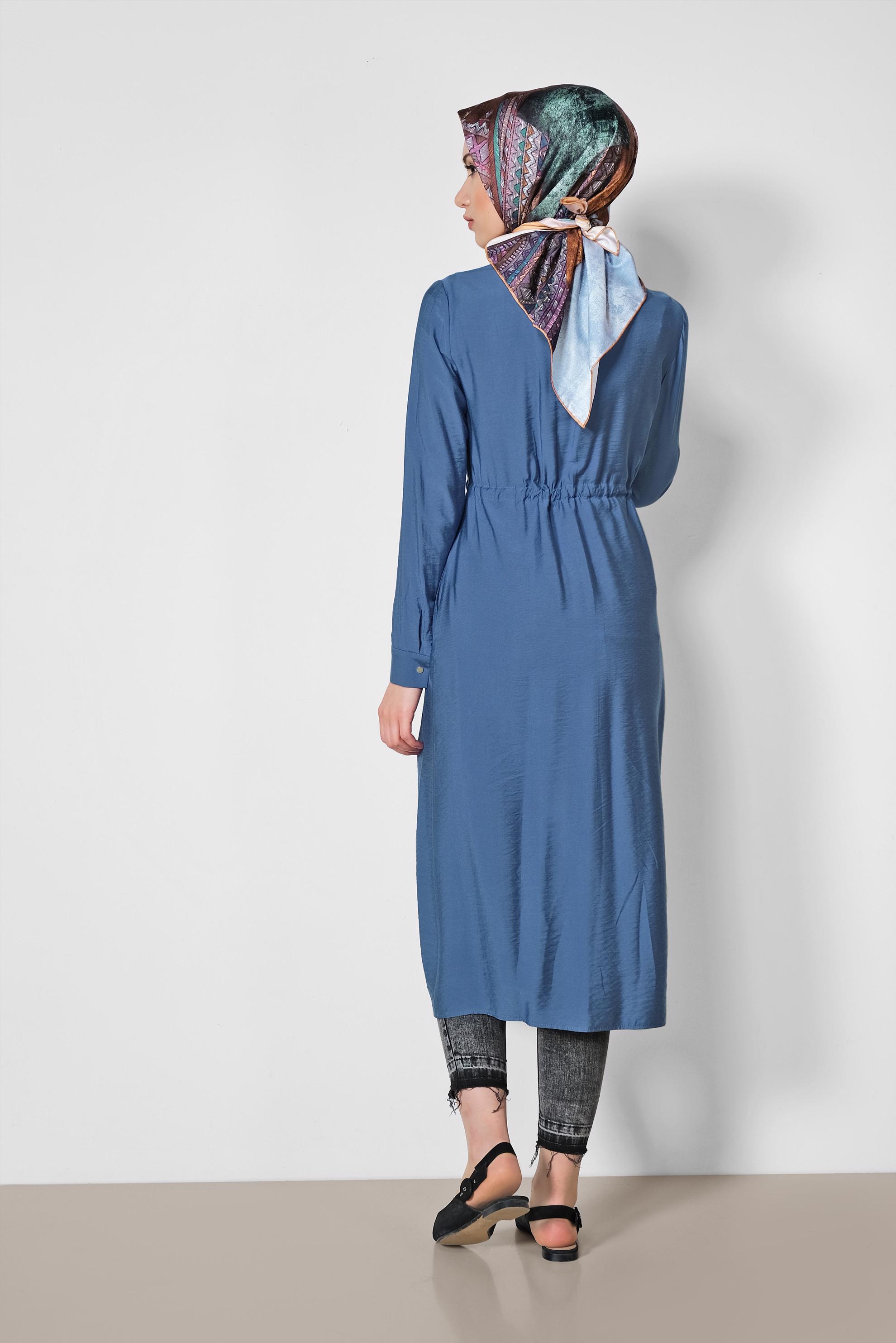 Tesettür giyim LACİVERT BELİ BÜZGÜLÜ ÖNDEN DÜĞMELİ TUNİK 4165