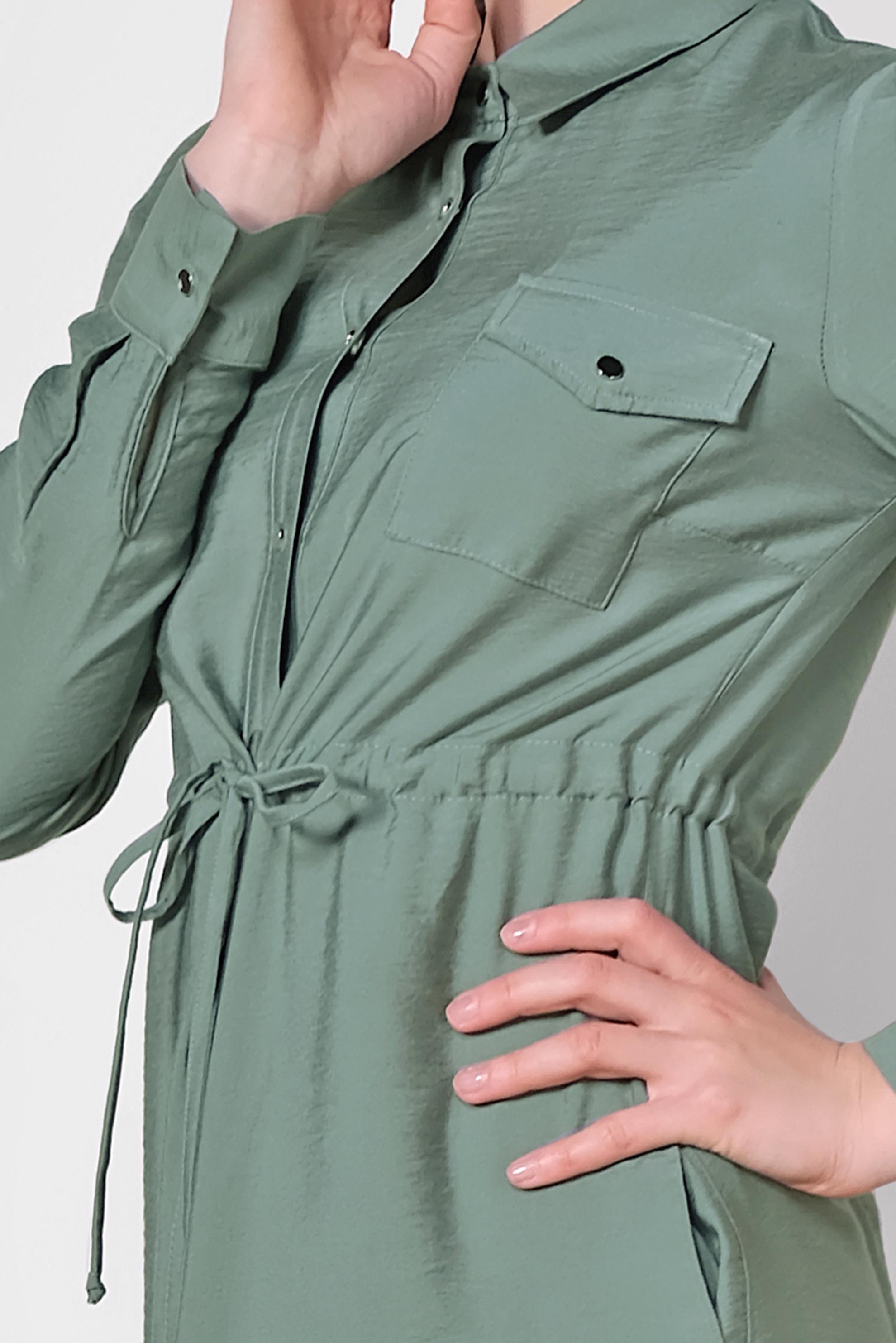 Tesettür giyim YEŞİL BELİ BÜZGÜLÜ ÖNDEN DÜĞMELİ TUNİK 4165