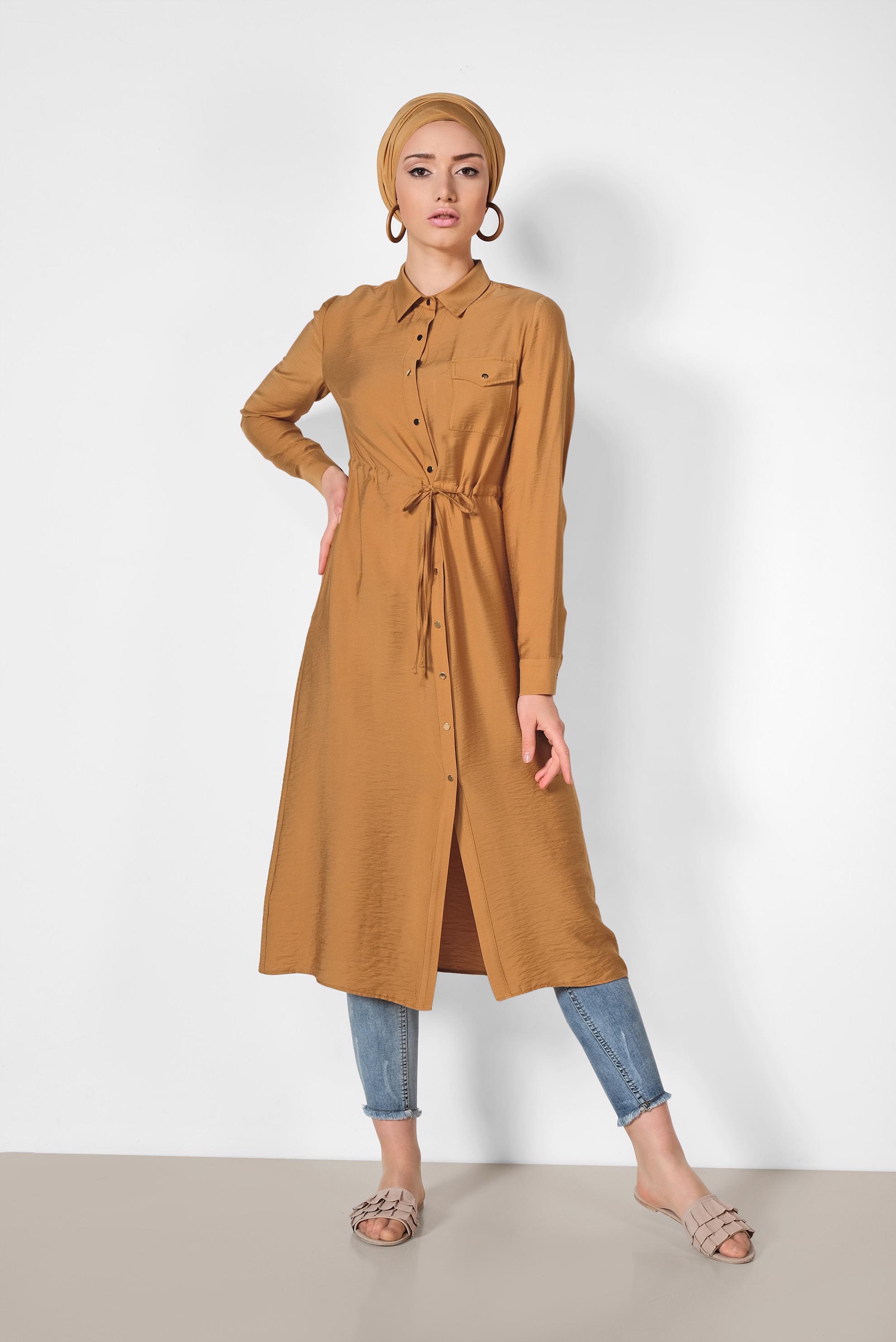 Tesettür giyim TABA BELİ BÜZGÜLÜ ÖNDEN DÜĞMELİ TUNİK 4165