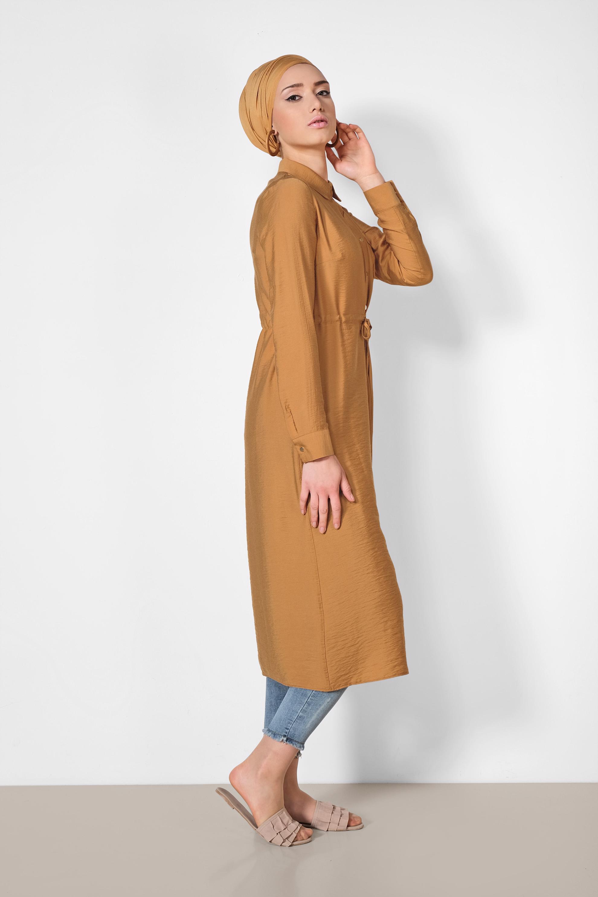 Tesettür giyim TABA BELİ BÜZGÜLÜ ÖNDEN DÜĞMELİ TUNİK 4165