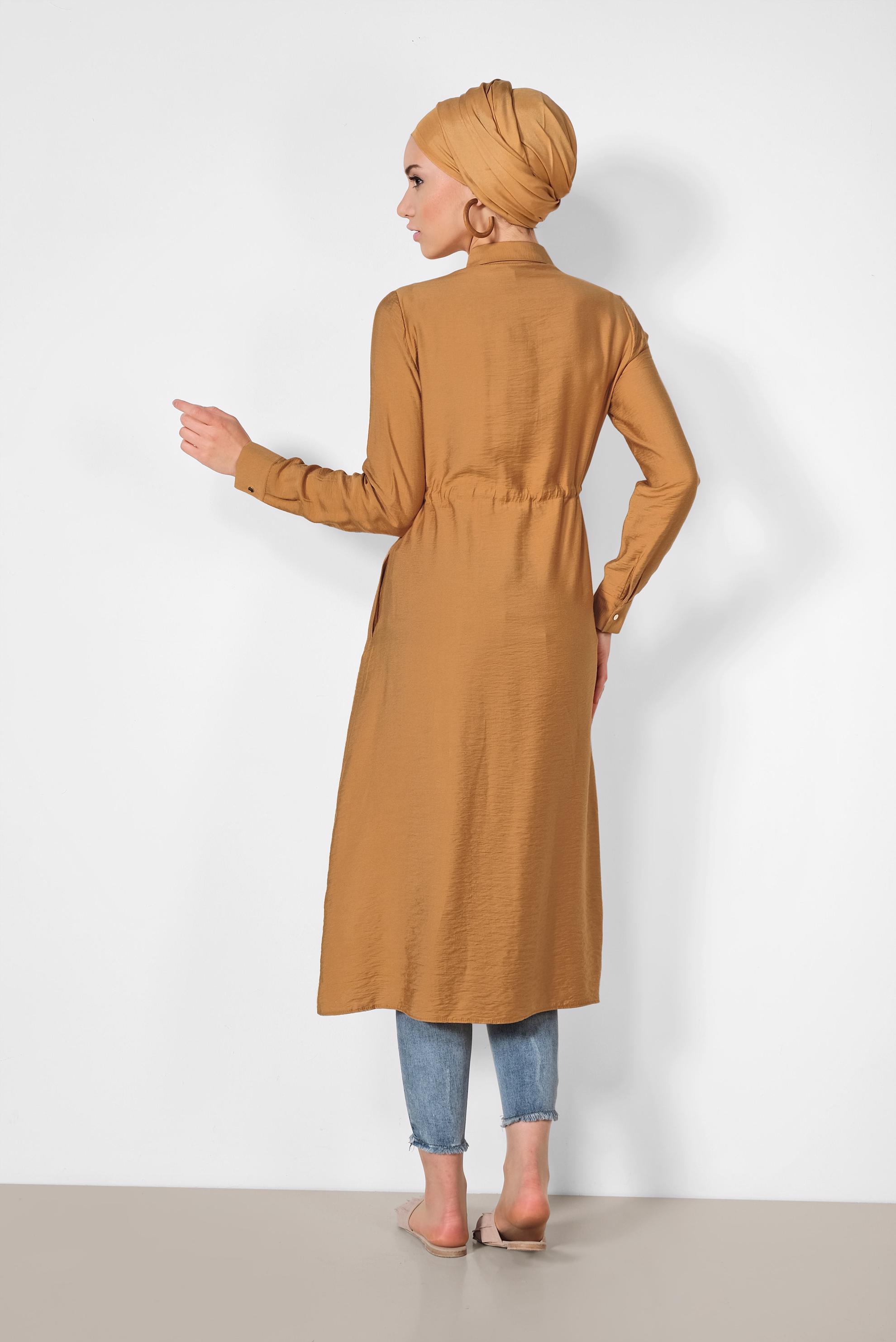 Tesettür giyim TABA BELİ BÜZGÜLÜ ÖNDEN DÜĞMELİ TUNİK 4165