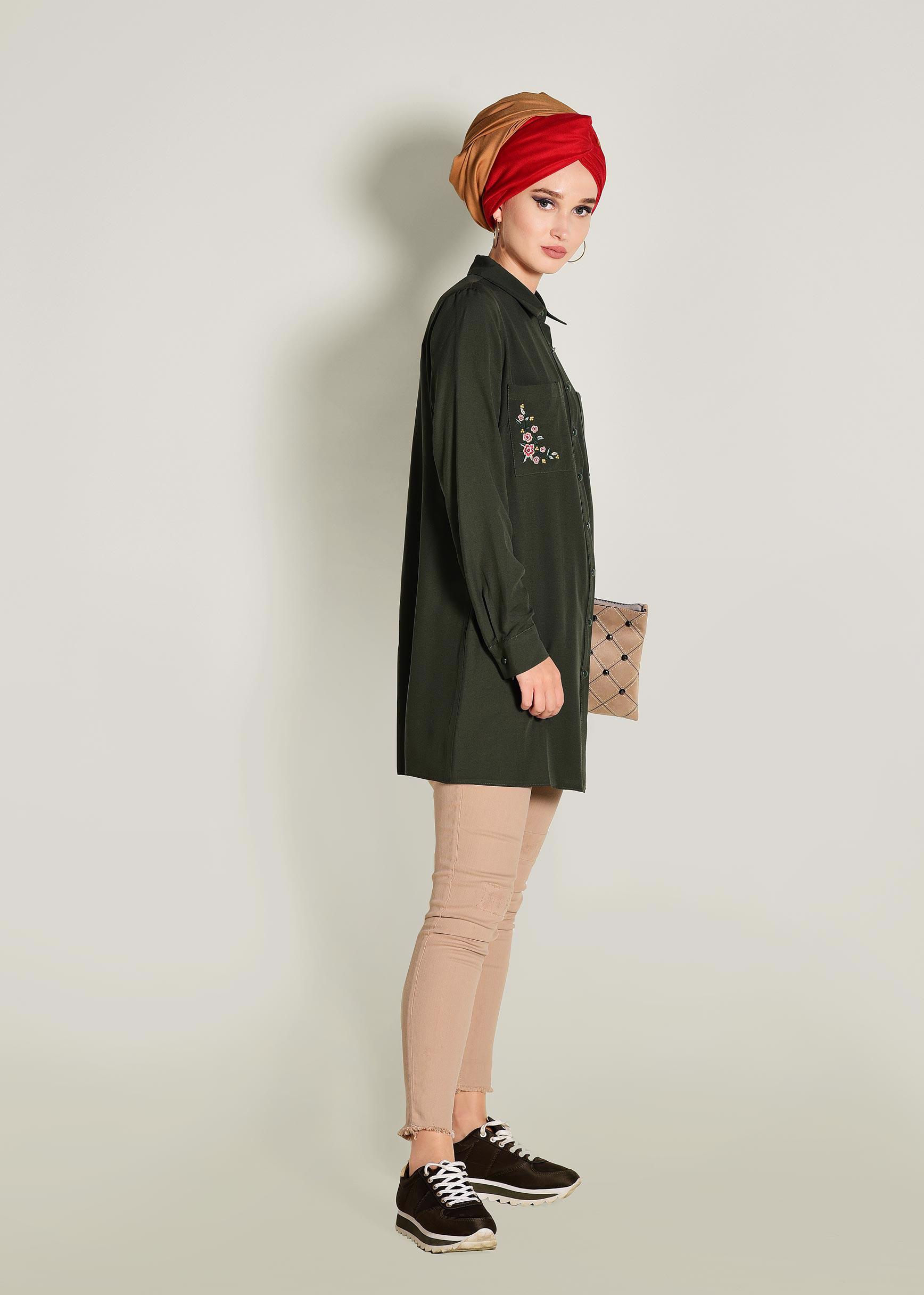 Tesettür giyim HAKİ CEPLERİ NAKIŞLI TUNİK 4173