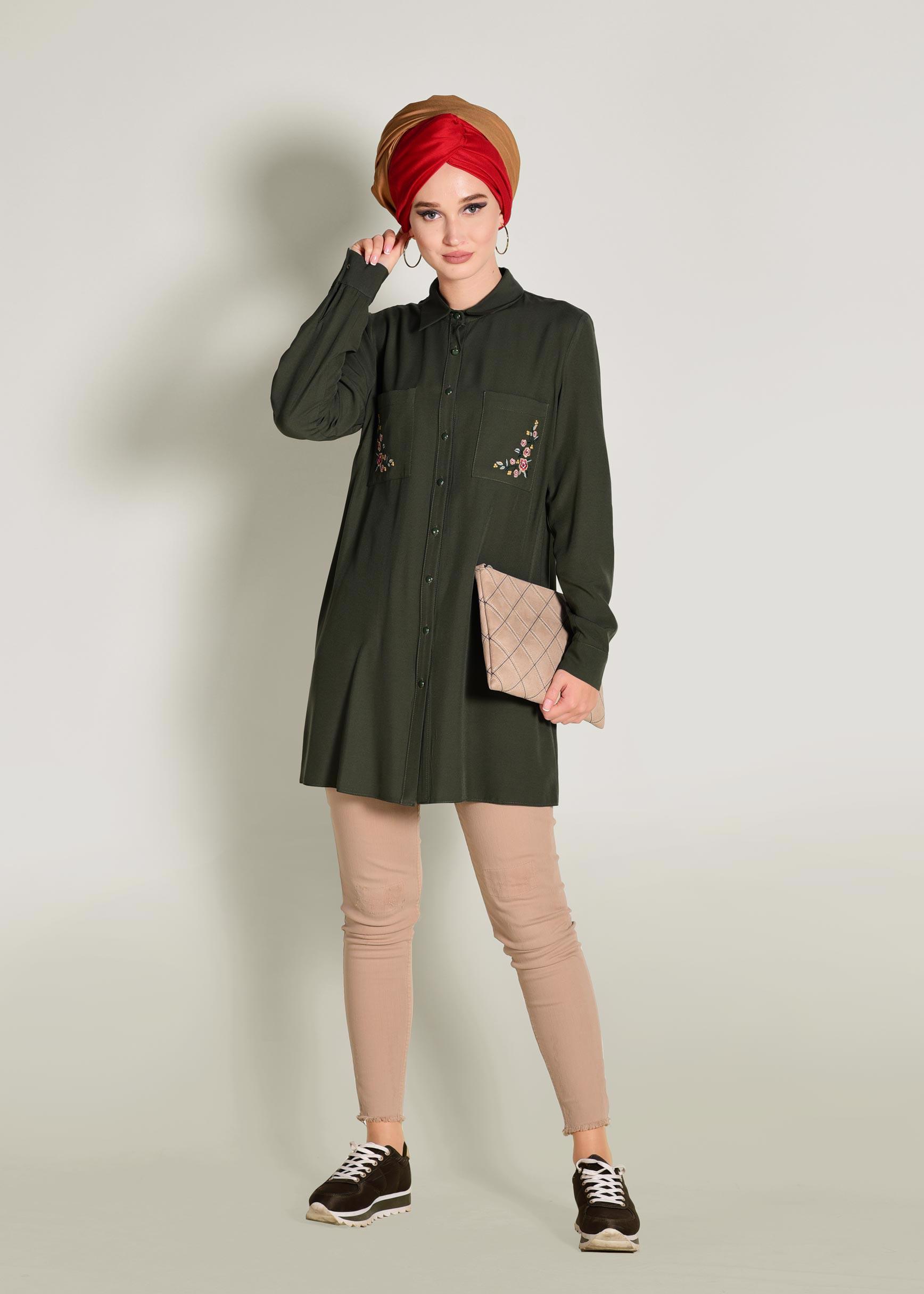 Tesettür giyim HAKİ CEPLERİ NAKIŞLI TUNİK 4173