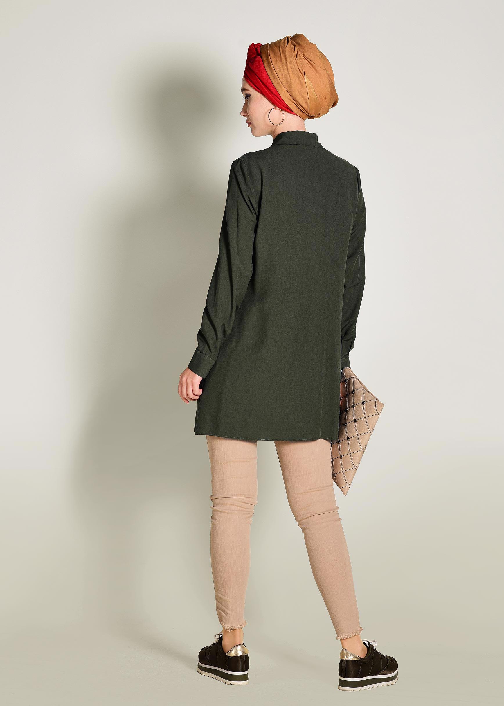 Tesettür giyim HAKİ CEPLERİ NAKIŞLI TUNİK 4173