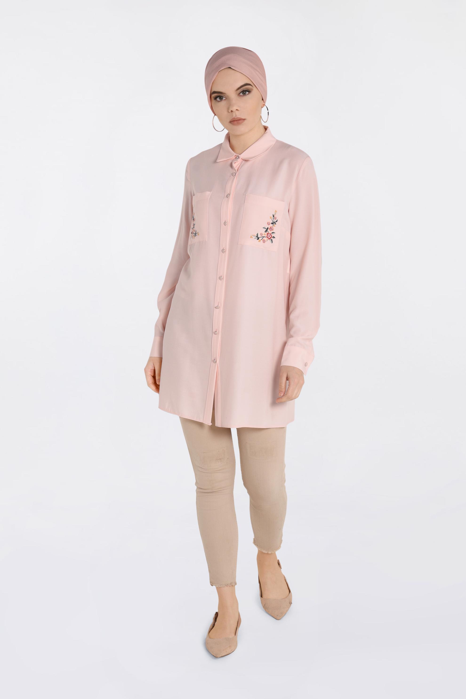 Tesettür giyim PUDRA CEPLERİ NAKIŞLI TUNİK 4173