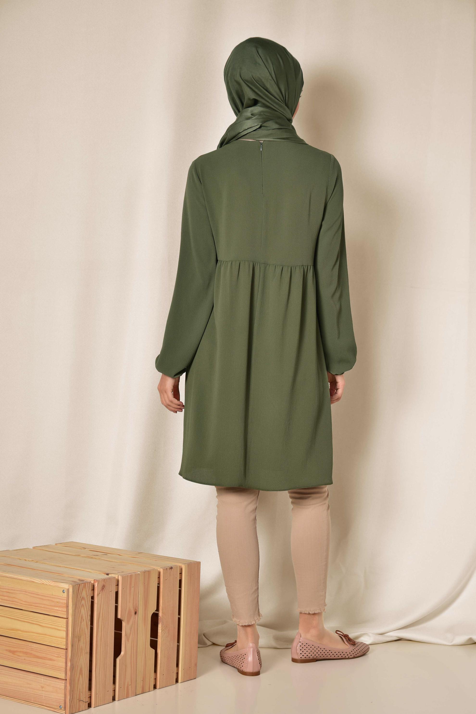 Tesettür giyim HAKİ ETNİK DESENLİ BALON KOL TUNİK 4174