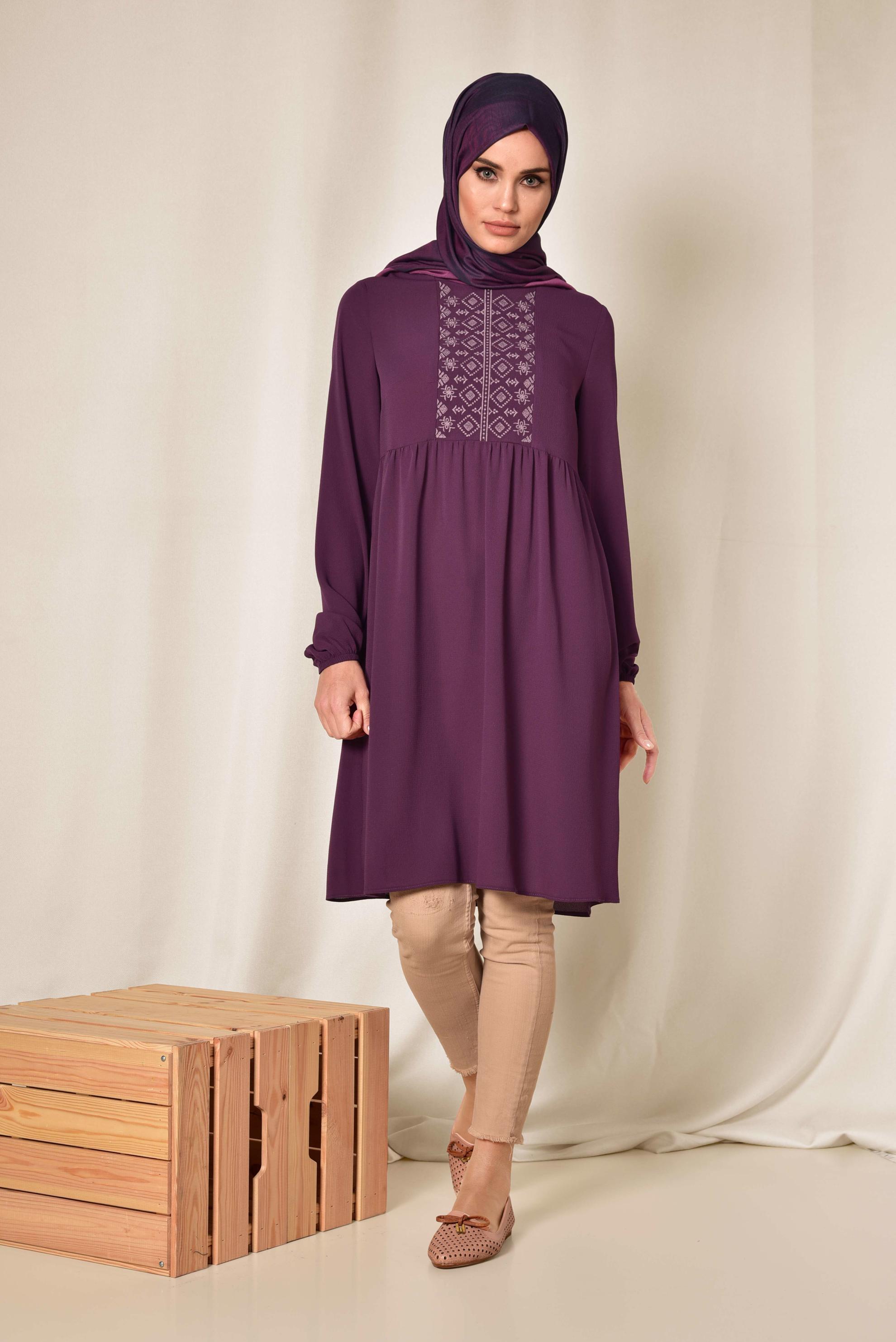 Tesettür giyim MOR ETNİK DESENLİ BALON KOL TUNİK 4174