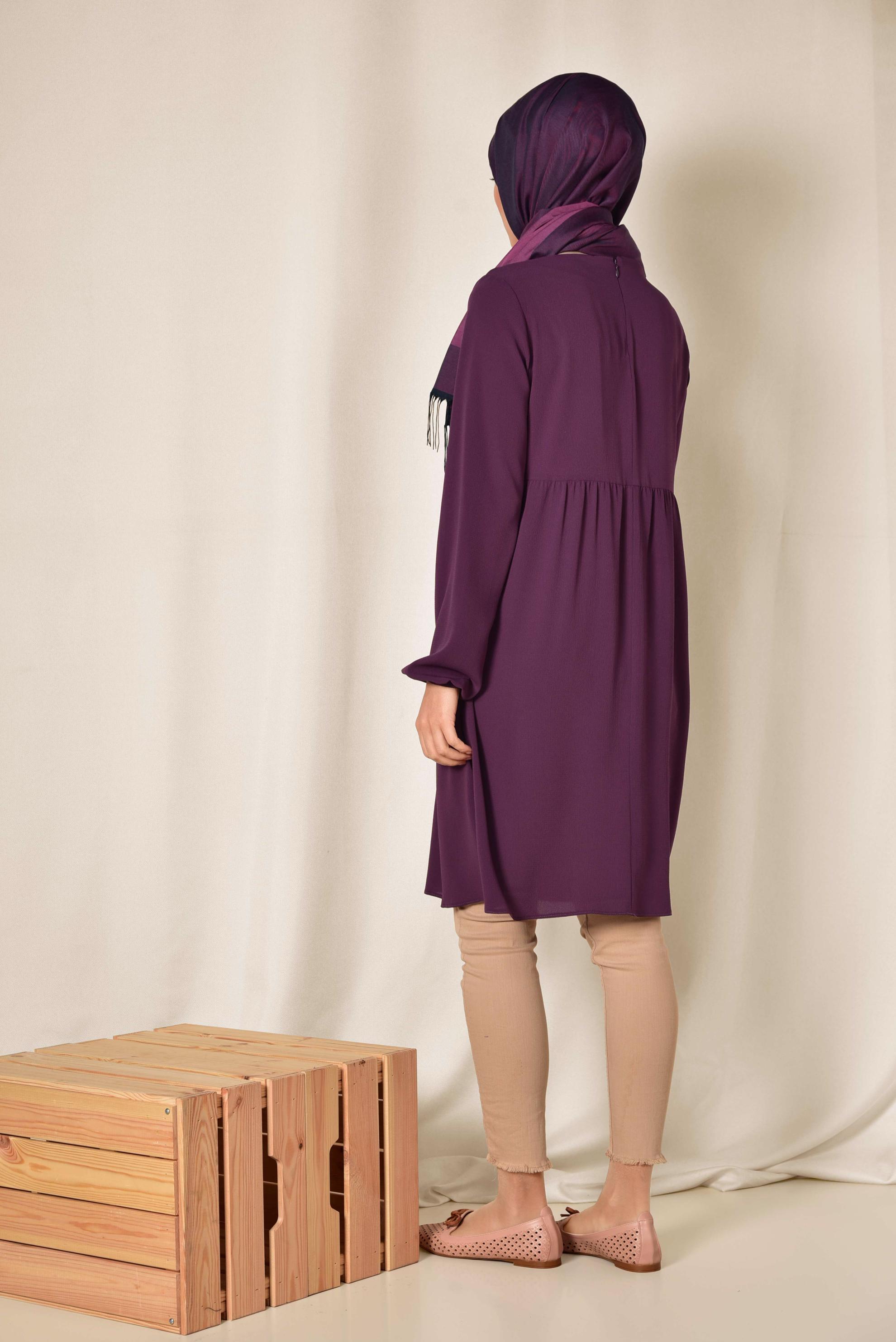 Tesettür giyim MOR ETNİK DESENLİ BALON KOL TUNİK 4174