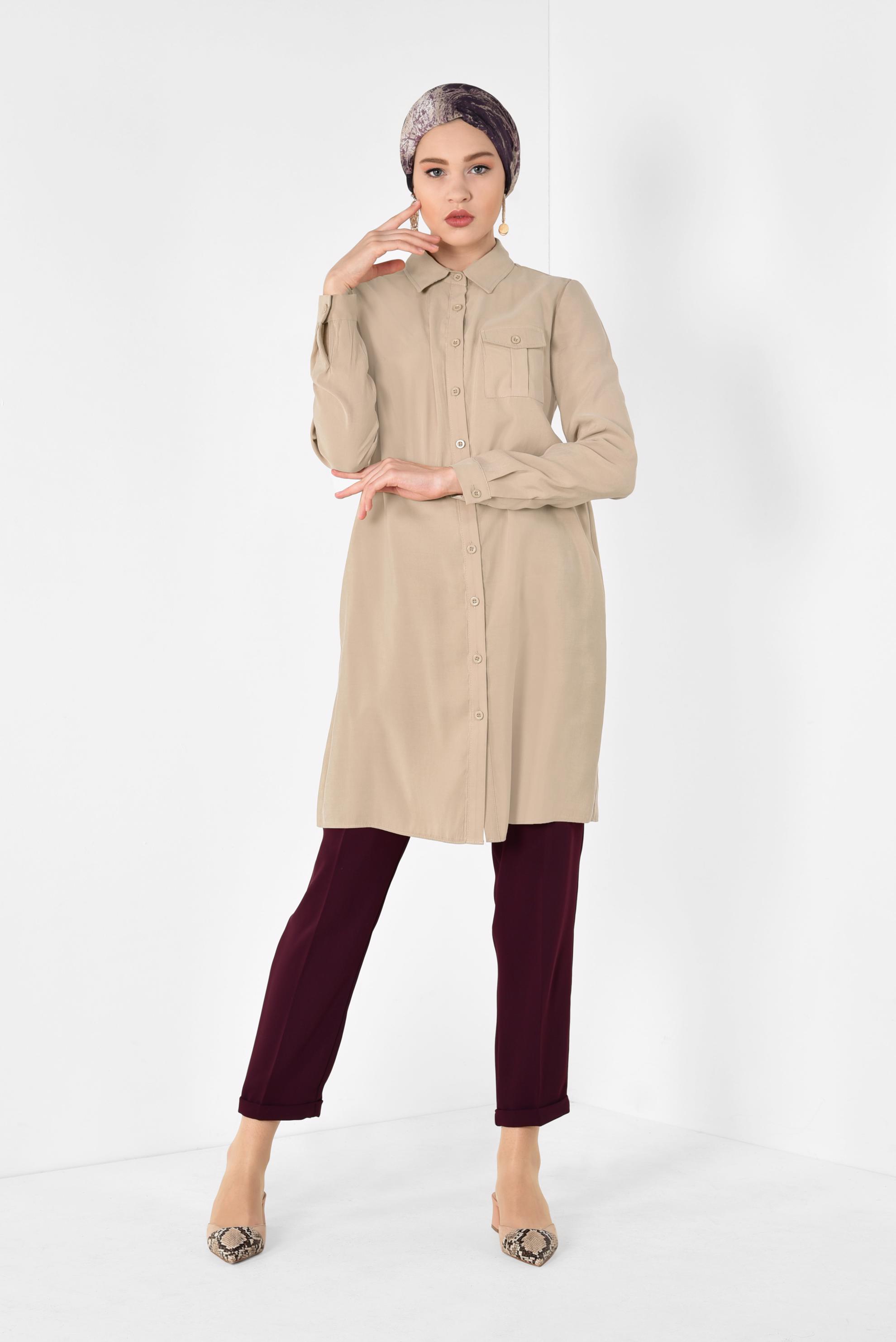 Tesettür giyim KAHVE CEP DETAYLI TUNİK 4175 