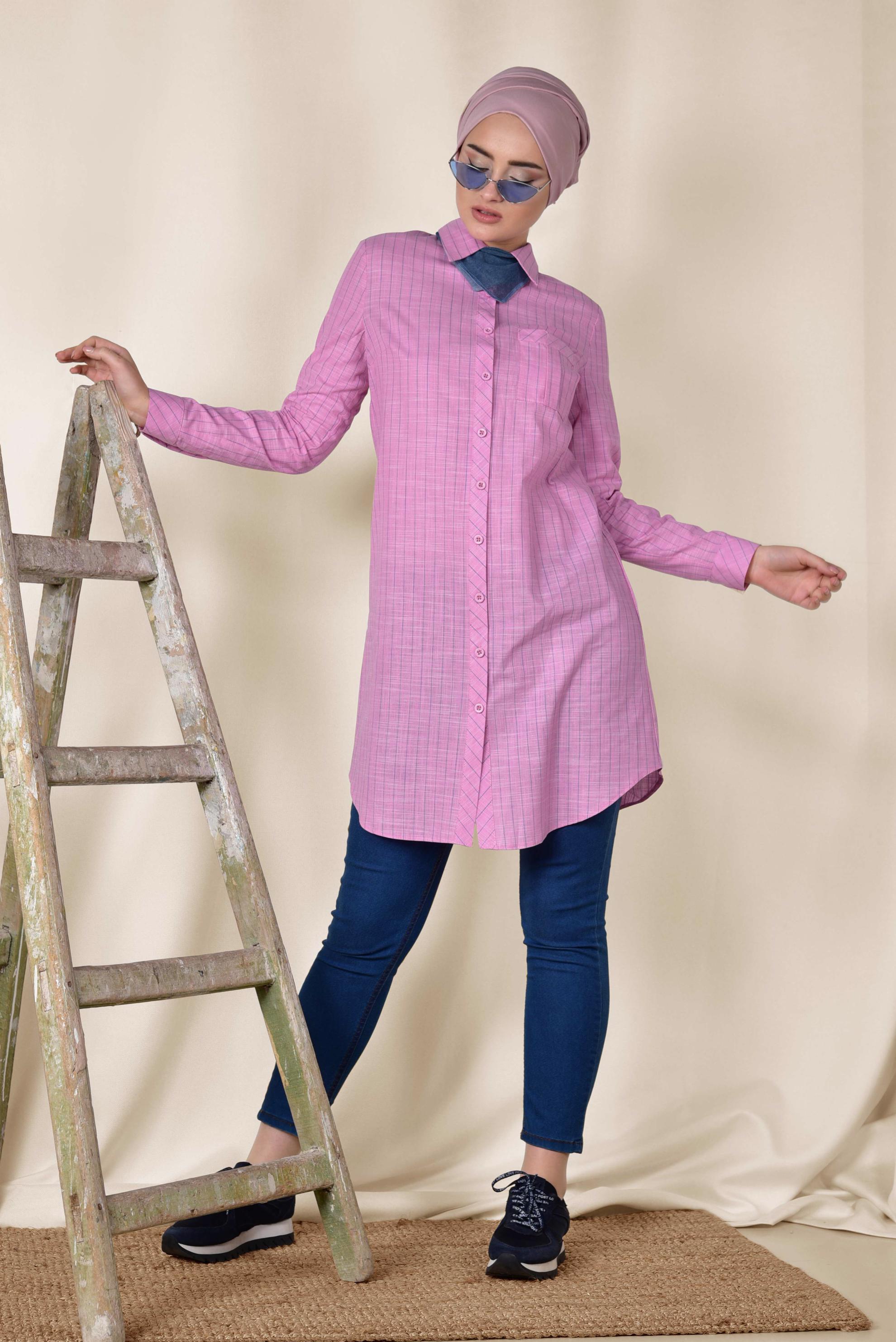 Tesettür giyim PEMBE ÇİZGİ DESENLİ ÖNDEN DÜĞMELİ TUNİK 4176