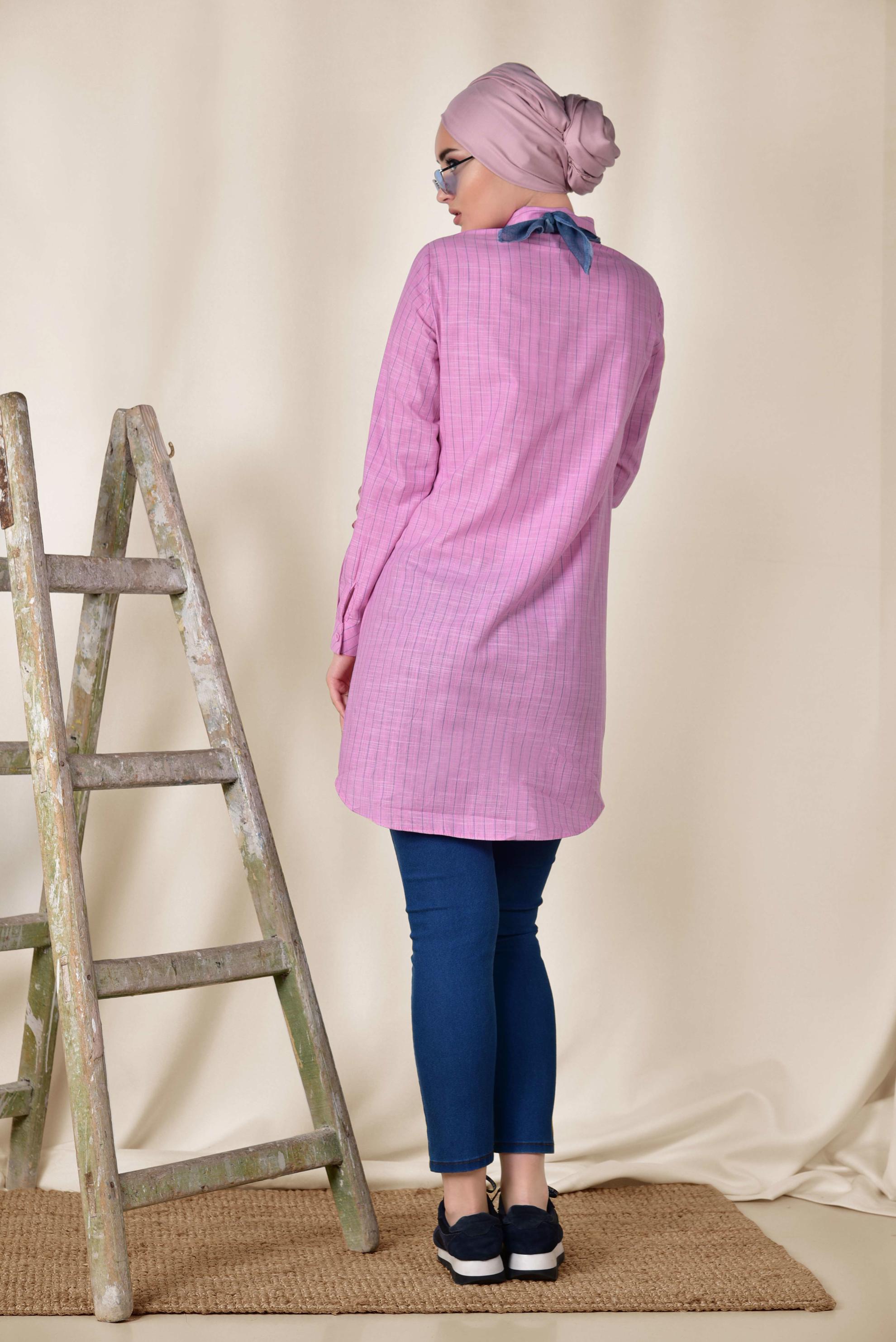 Tesettür giyim PEMBE ÇİZGİ DESENLİ ÖNDEN DÜĞMELİ TUNİK 4176