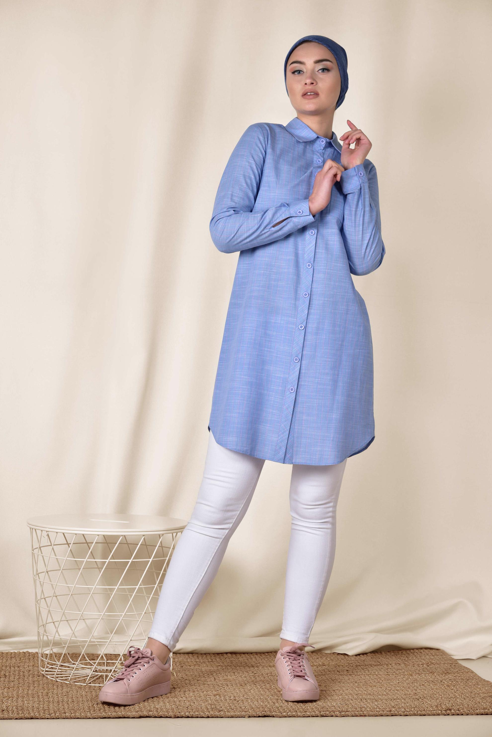 Tesettür giyim MAVİ ÇİZGİ DESENLİ ÖNDEN DÜĞMELİ TUNİK 4176