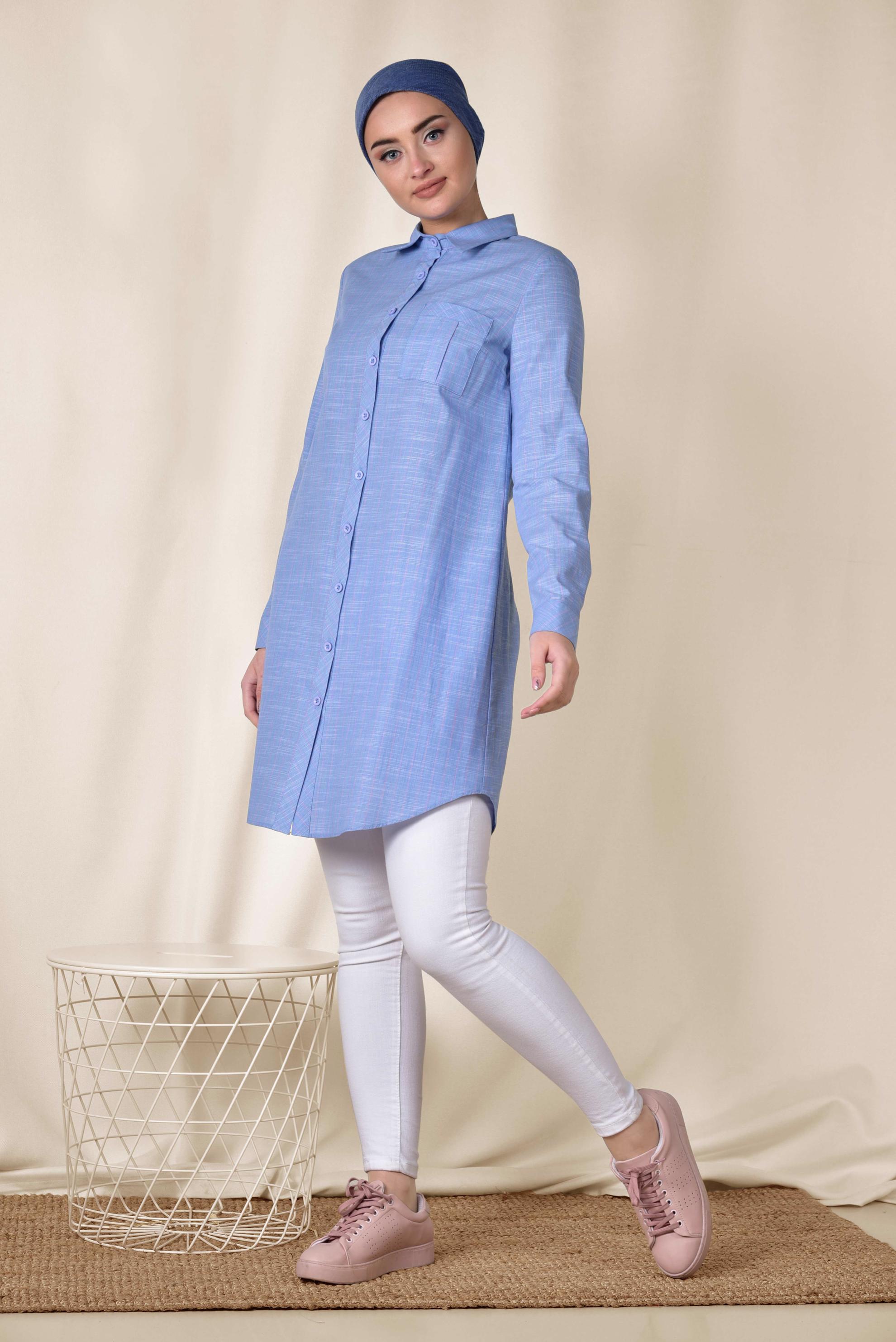 Tesettür giyim MAVİ ÇİZGİ DESENLİ ÖNDEN DÜĞMELİ TUNİK 4176