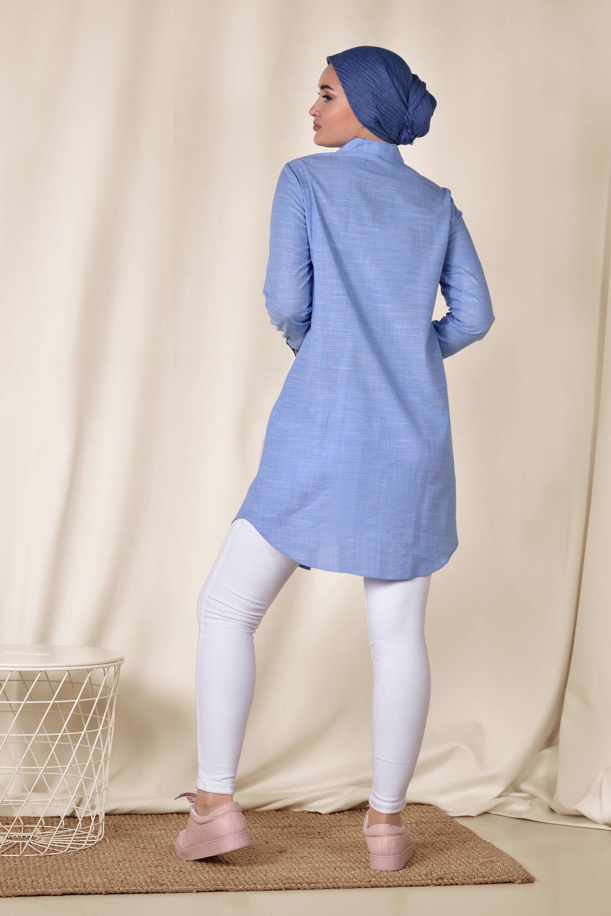 Tesettür giyim MAVİ ÇİZGİ DESENLİ ÖNDEN DÜĞMELİ TUNİK 4176