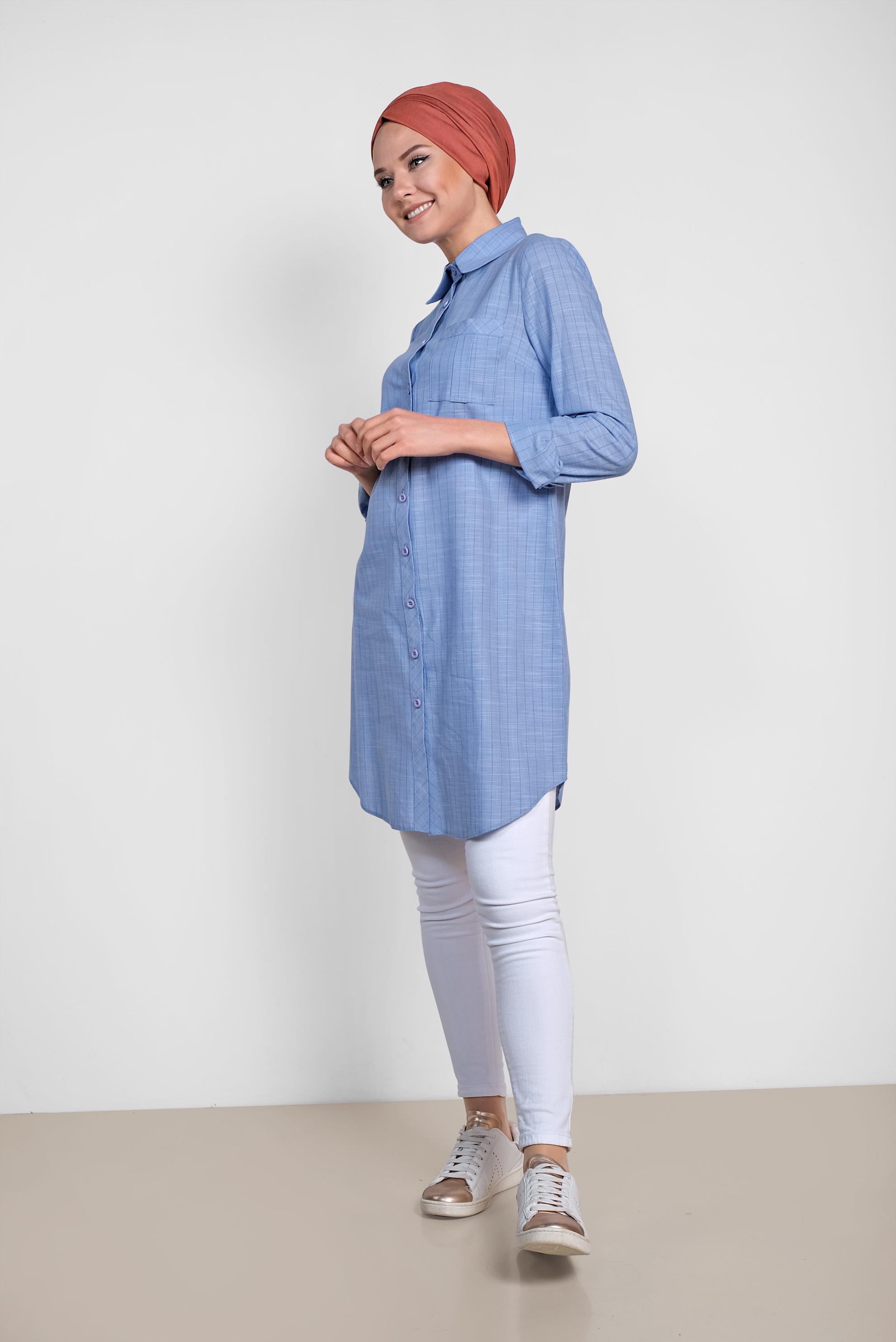 Tesettür giyim MAVİ ÇİZGİ DESENLİ ÖNDEN DÜĞMELİ TUNİK 4176