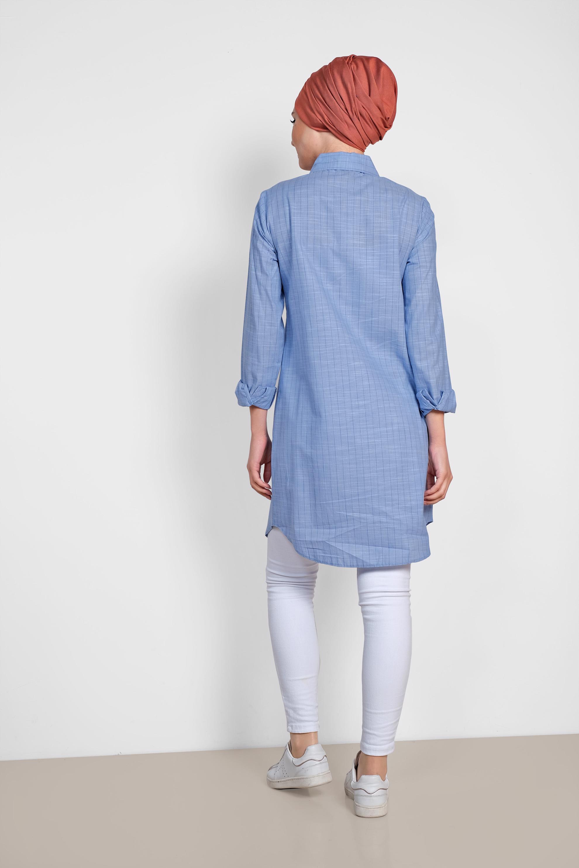 Tesettür giyim MAVİ ÇİZGİ DESENLİ ÖNDEN DÜĞMELİ TUNİK 4176