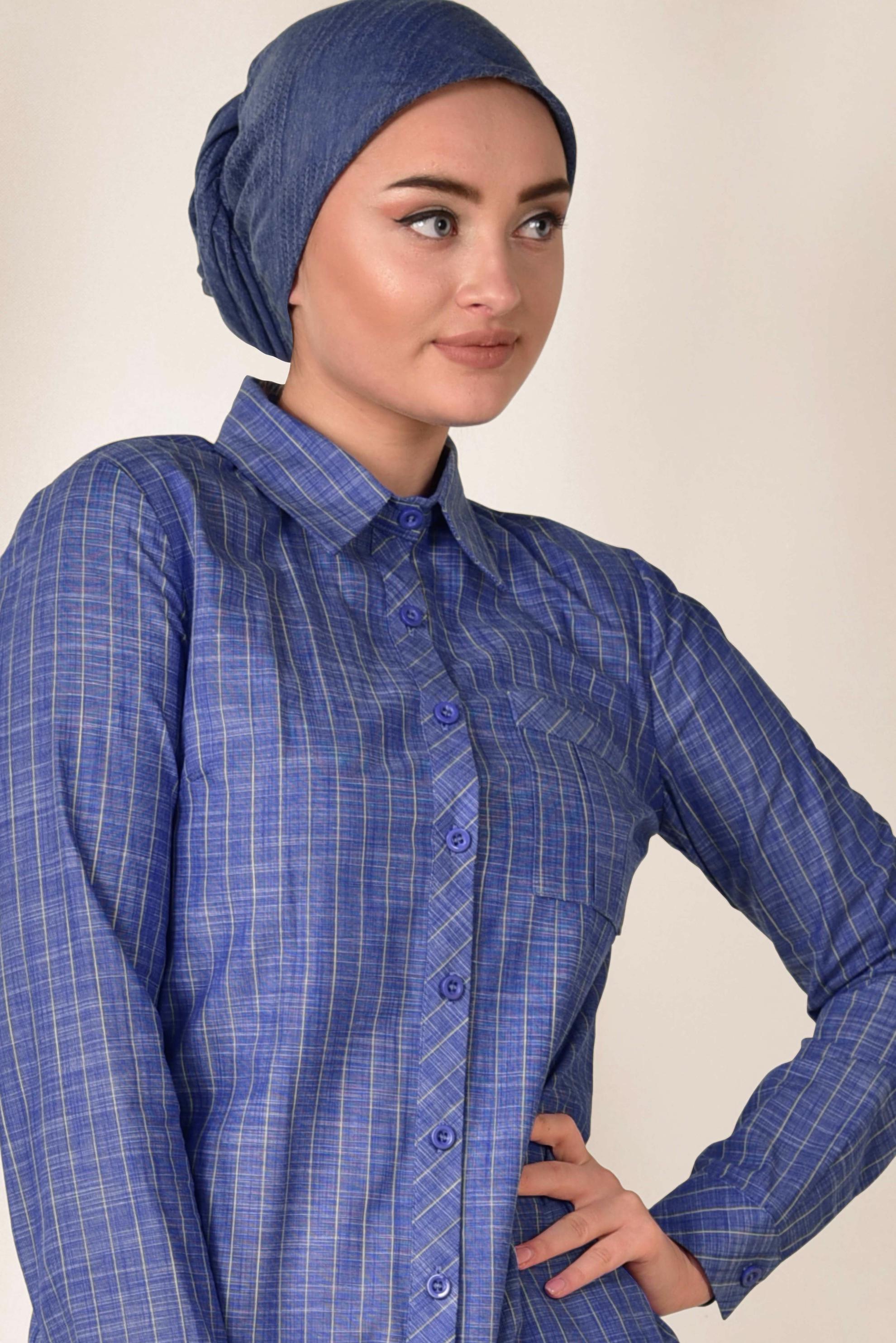 Tesettür giyim LACİVERT ÇİZGİ DESENLİ ÖNDEN DÜĞMELİ TUNİK 4176