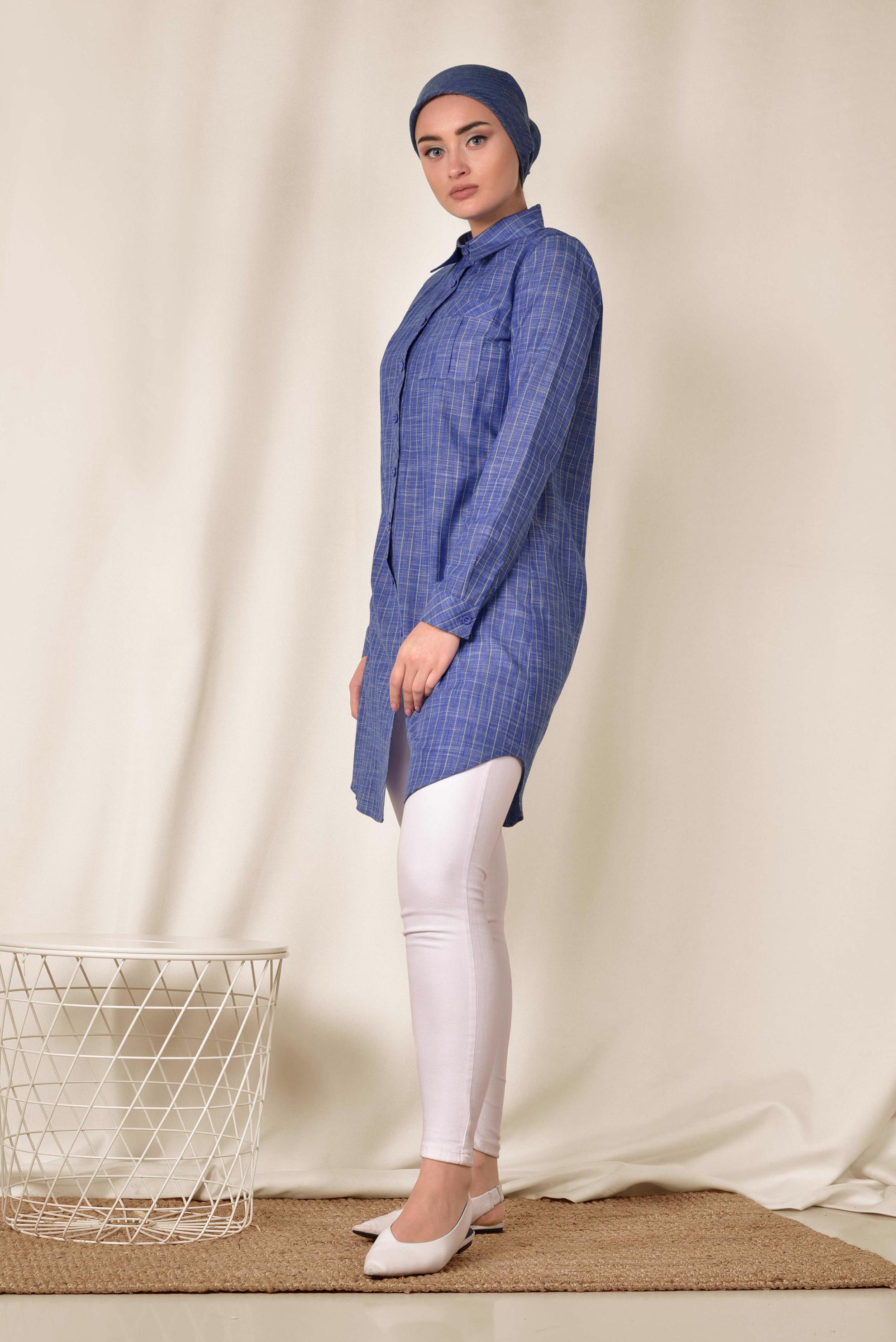 Tesettür giyim LACİVERT ÇİZGİ DESENLİ ÖNDEN DÜĞMELİ TUNİK 4176