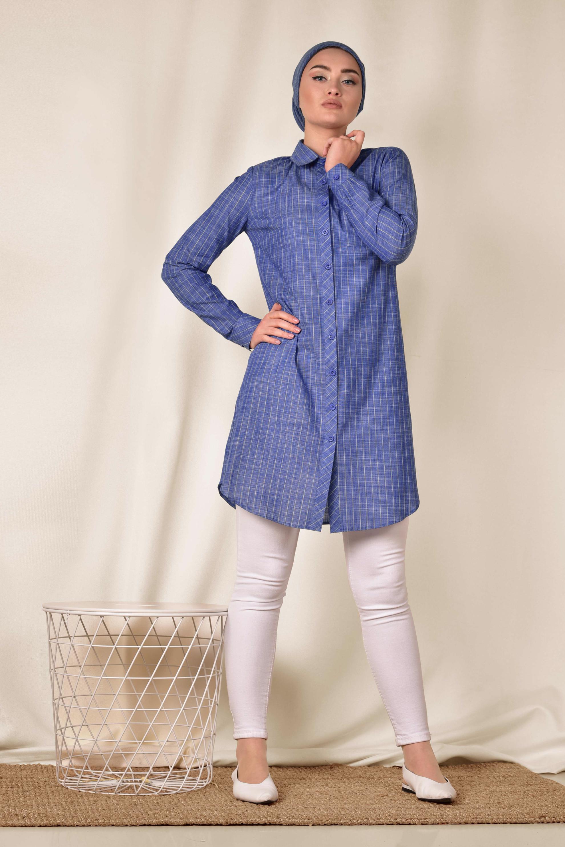 Tesettür giyim LACİVERT ÇİZGİ DESENLİ ÖNDEN DÜĞMELİ TUNİK 4176