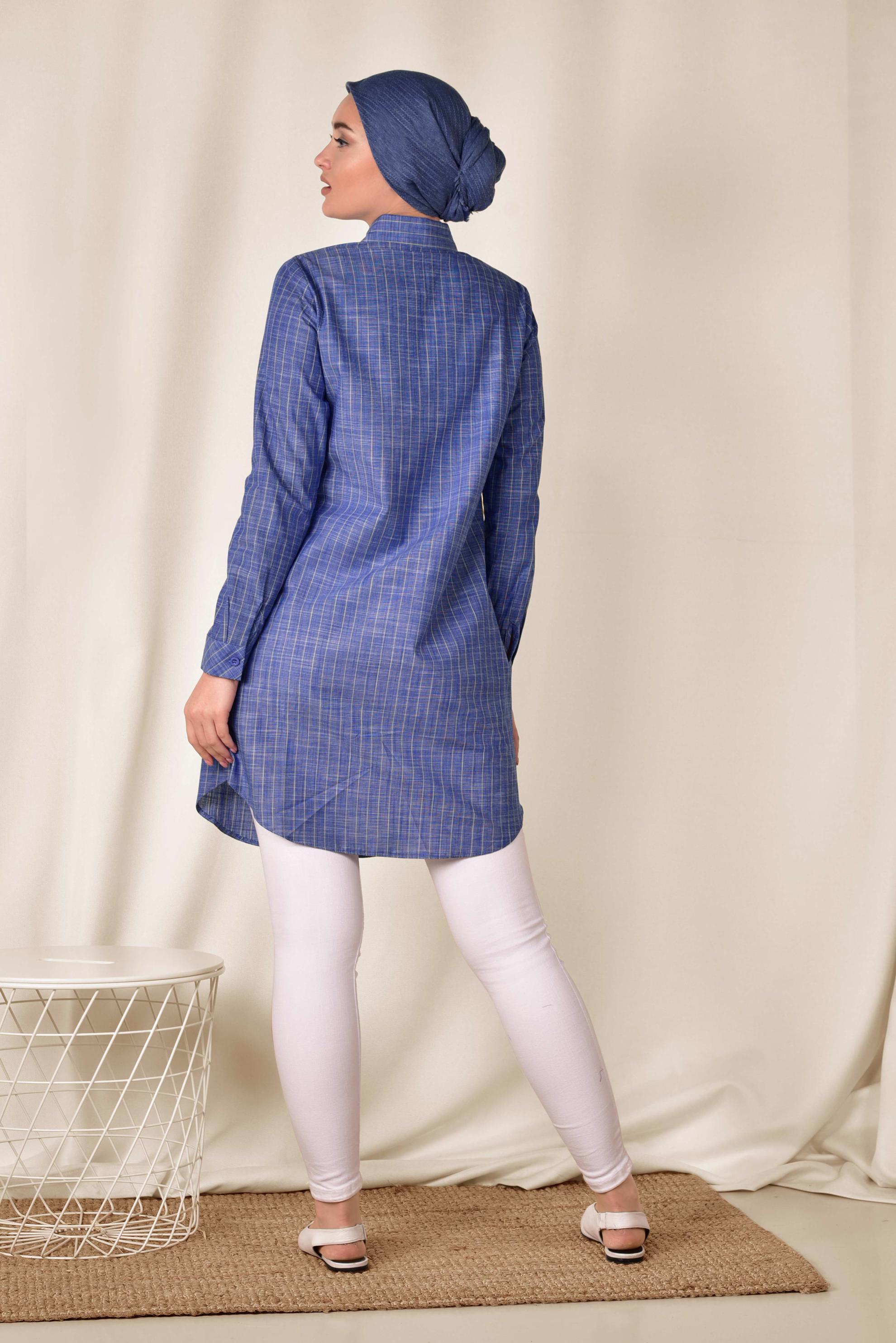 Tesettür giyim LACİVERT ÇİZGİ DESENLİ ÖNDEN DÜĞMELİ TUNİK 4176