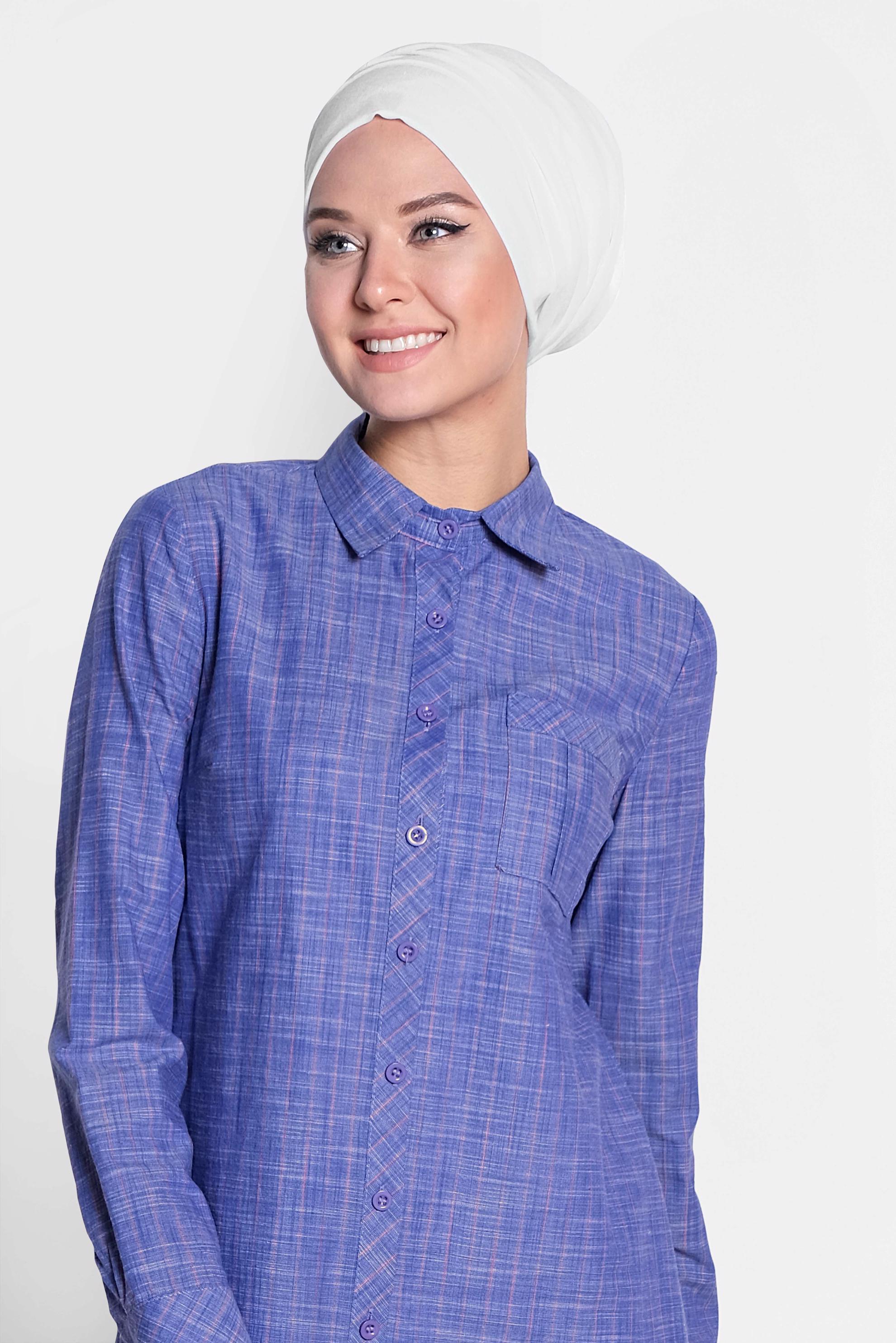 Tesettür giyim LACİVERT ÇİZGİ DESENLİ ÖNDEN DÜĞMELİ TUNİK 4176