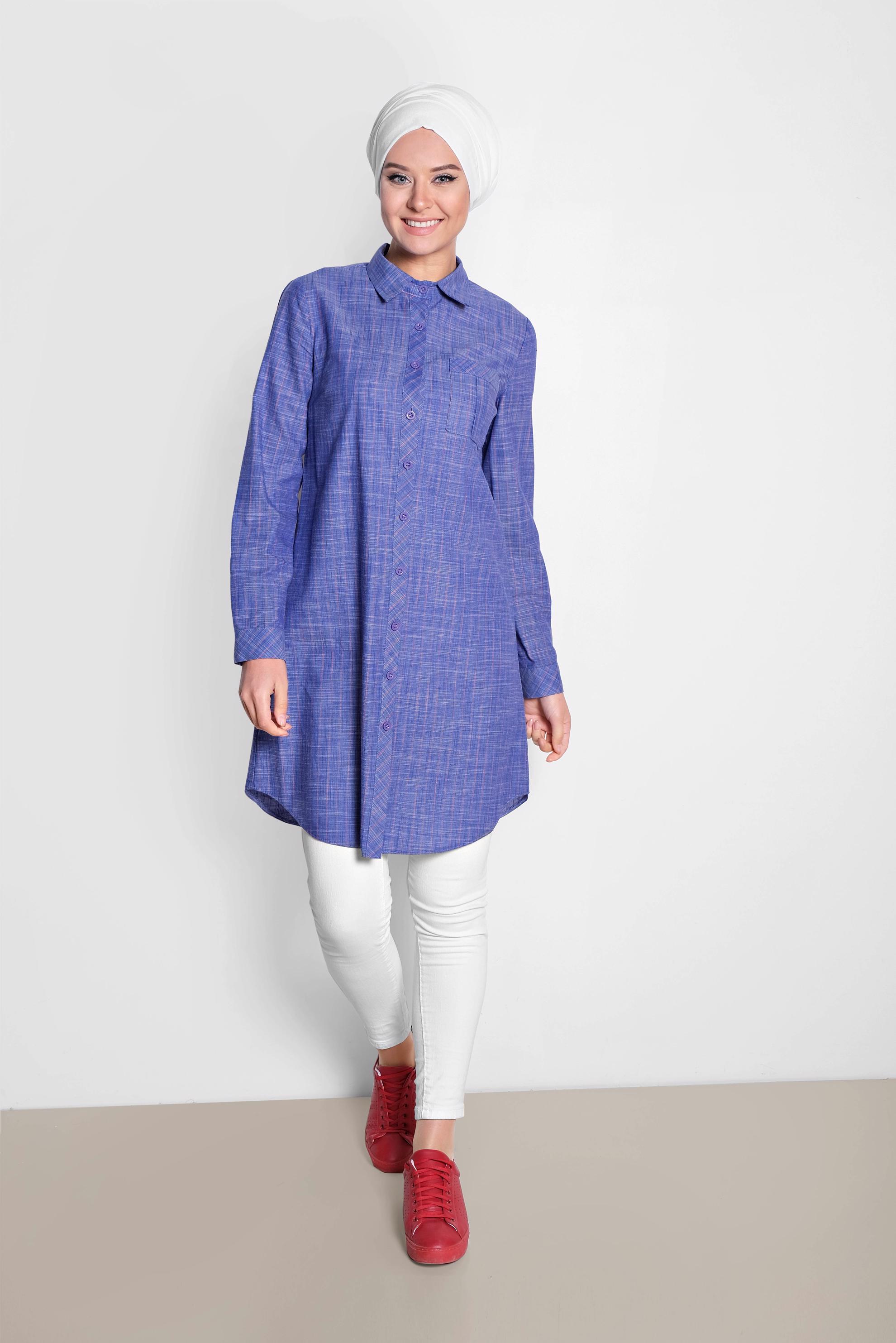 Tesettür giyim LACİVERT ÇİZGİ DESENLİ ÖNDEN DÜĞMELİ TUNİK 4176