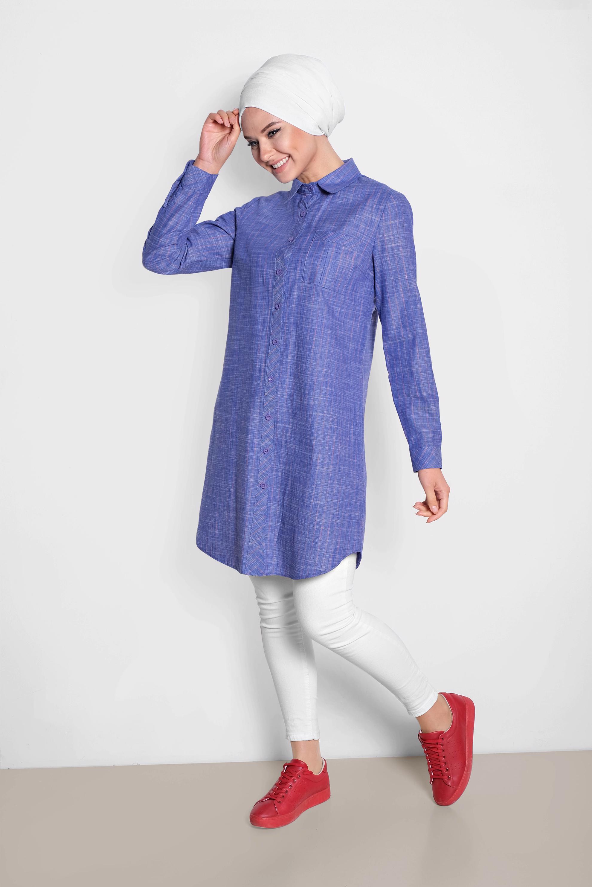 Tesettür giyim LACİVERT ÇİZGİ DESENLİ ÖNDEN DÜĞMELİ TUNİK 4176