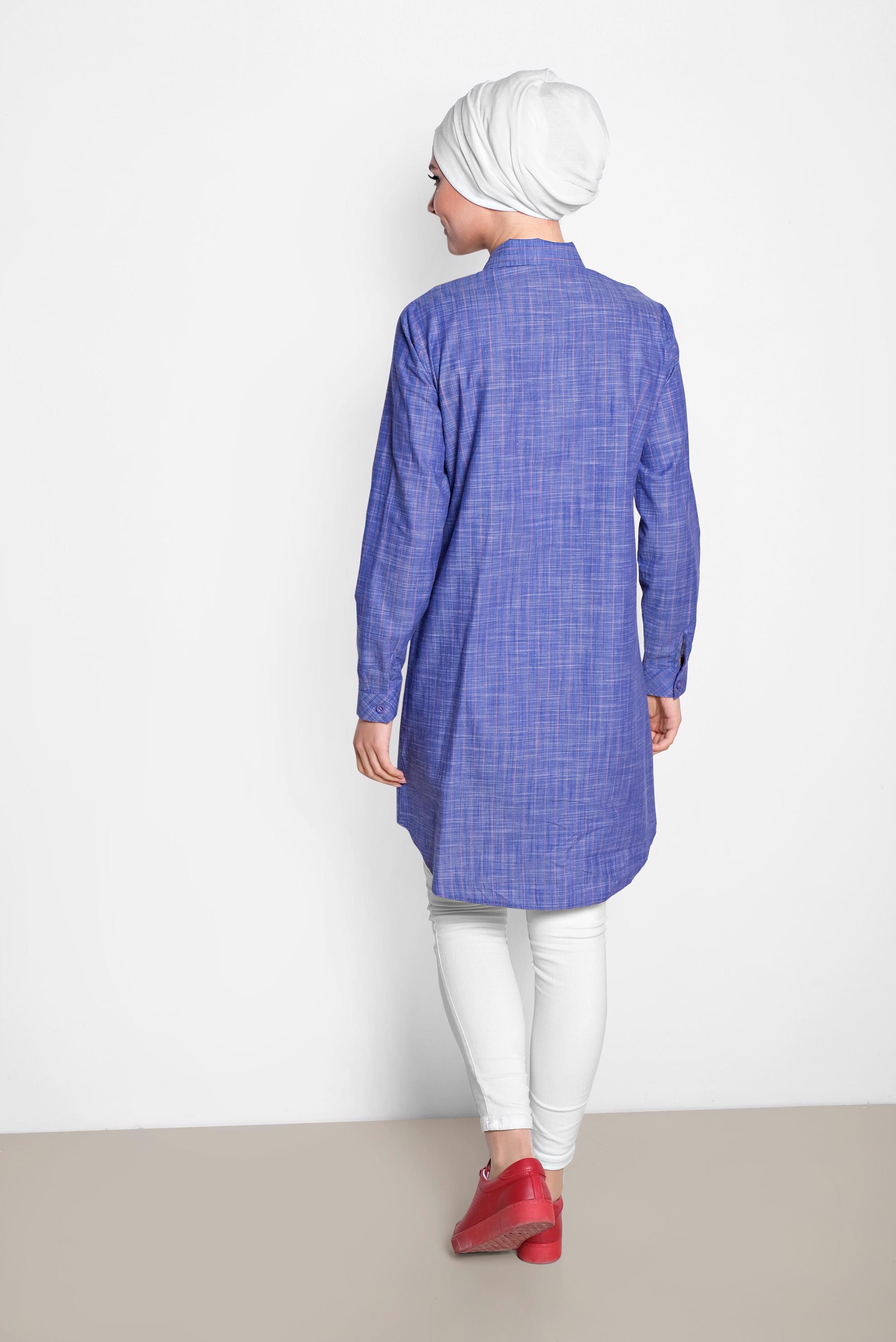 Tesettür giyim LACİVERT ÇİZGİ DESENLİ ÖNDEN DÜĞMELİ TUNİK 4176