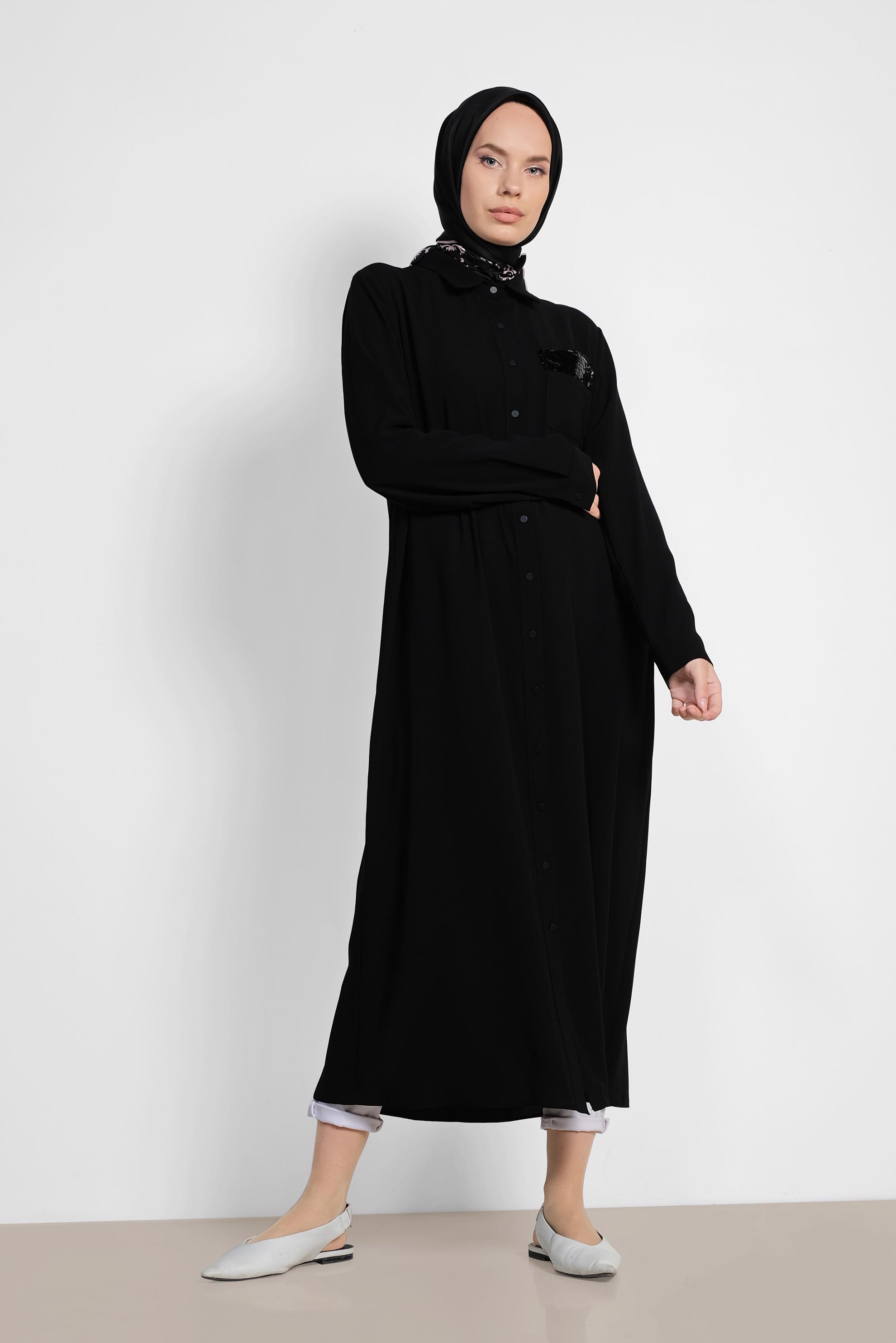 Tesettür giyim SİYAH PUL PAYET İŞLEMELİ UZUN TUNİK 4177