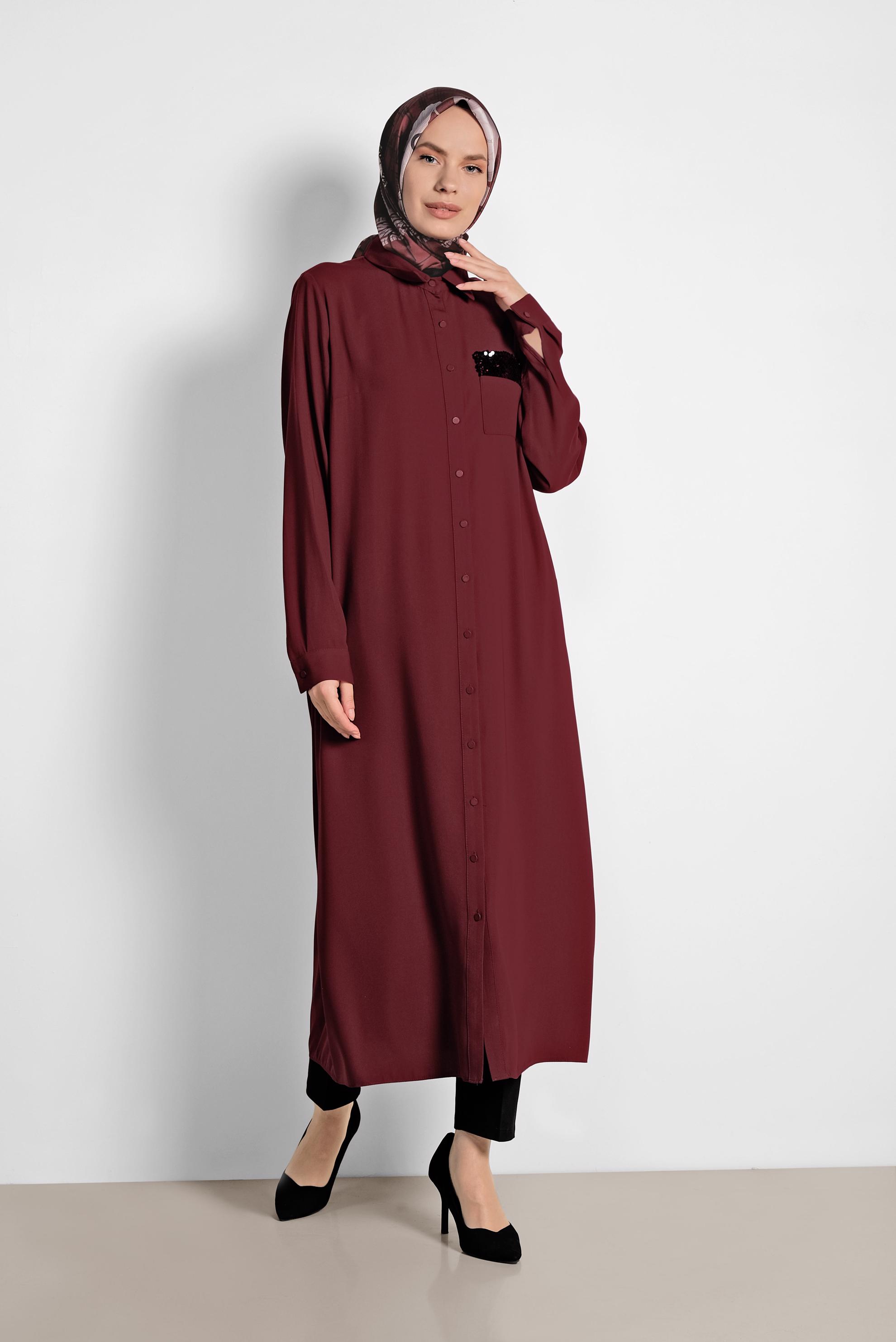Tesettür giyim BORDO PUL PAYET İŞLEMELİ UZUN TUNİK 4177