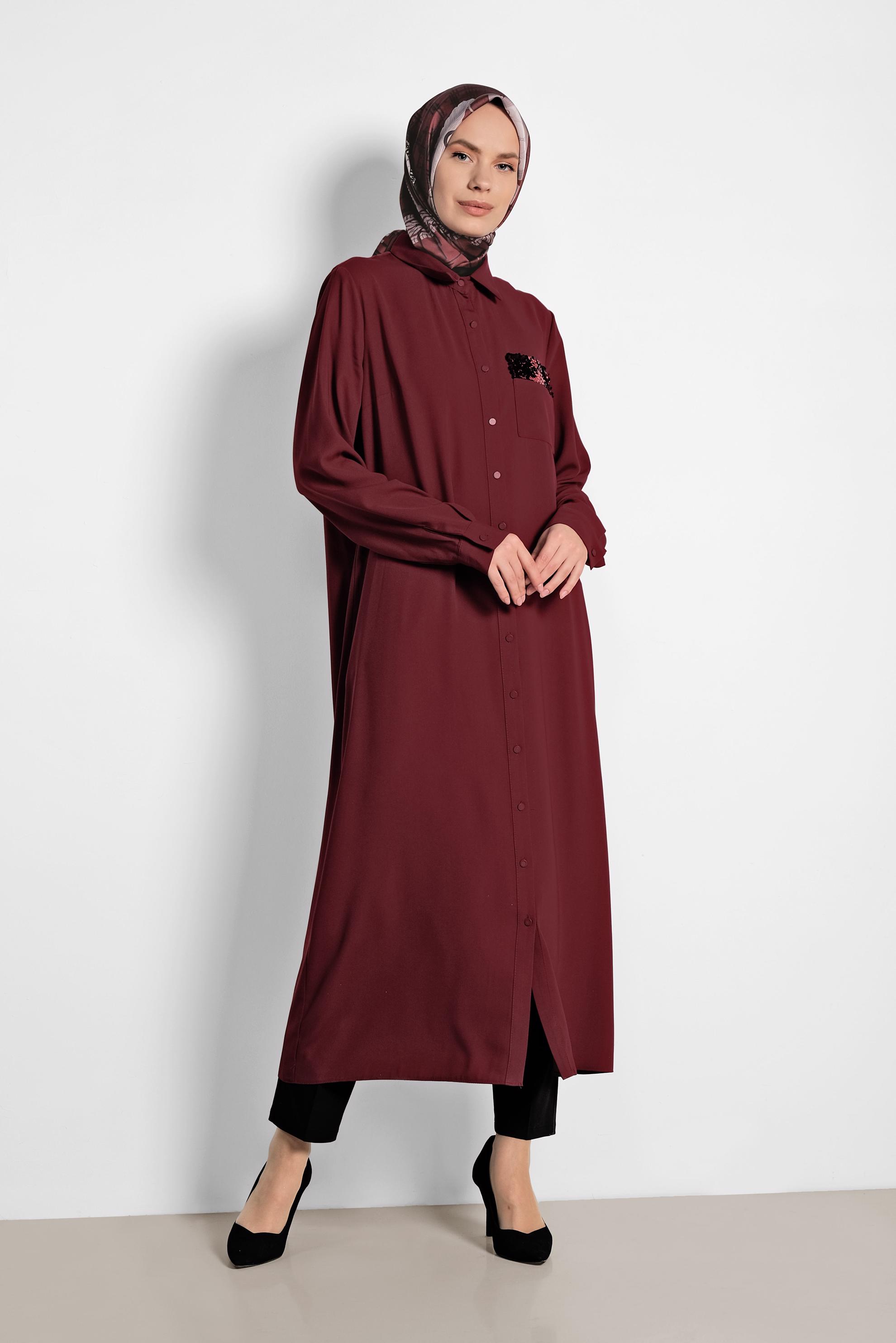 Tesettür giyim BORDO PUL PAYET İŞLEMELİ UZUN TUNİK 4177