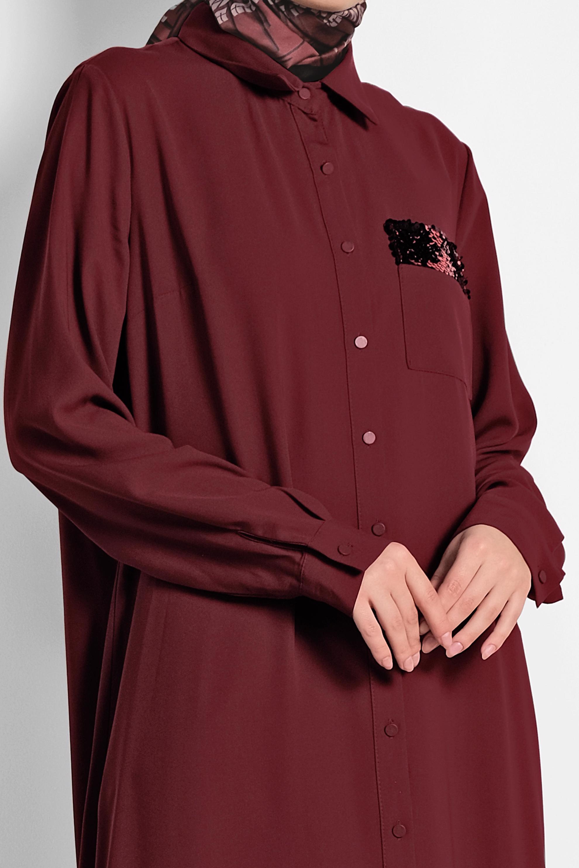 Tesettür giyim BORDO PUL PAYET İŞLEMELİ UZUN TUNİK 4177