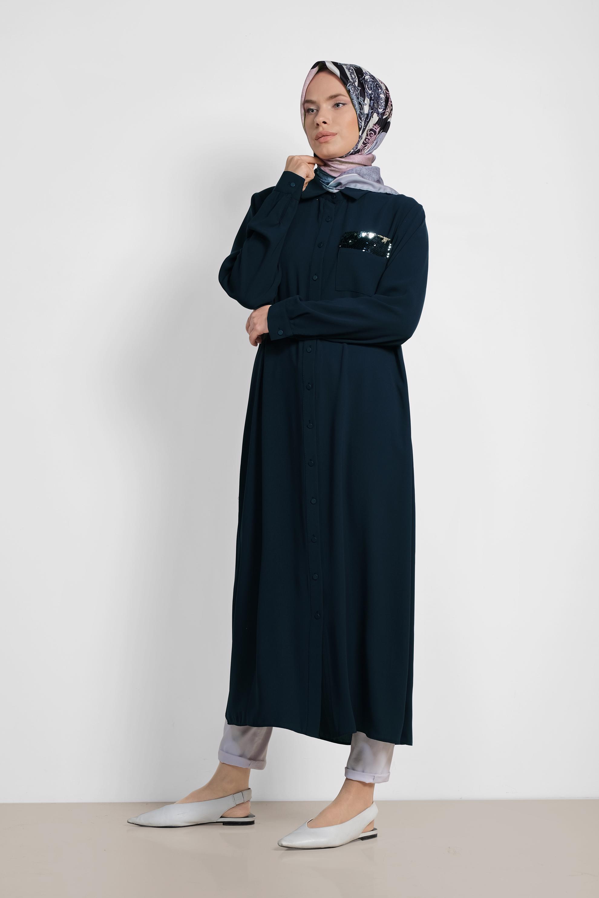 Tesettür giyim LACİVERT PUL PAYET İŞLEMELİ UZUN TUNİK 4177