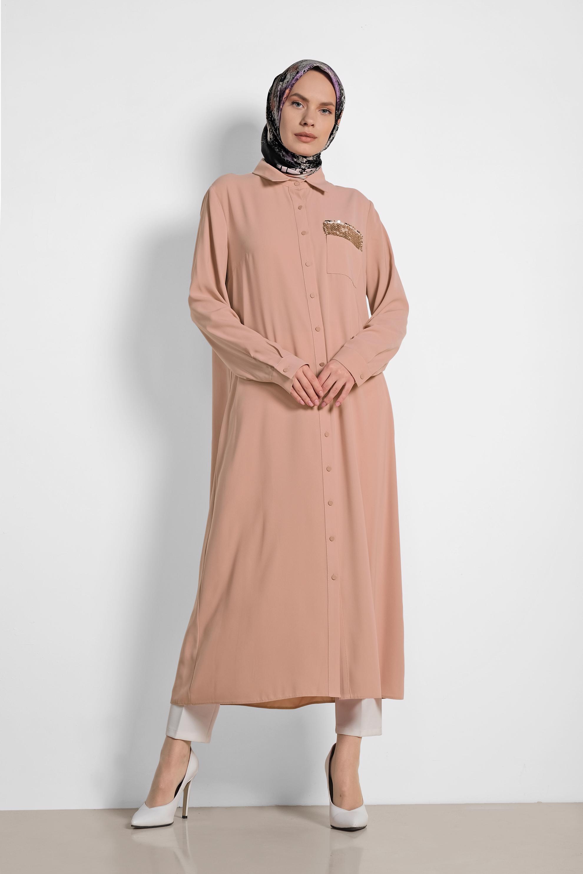 Tesettür giyim KAHVE PUL PAYET İŞLEMELİ UZUN TUNİK 4177