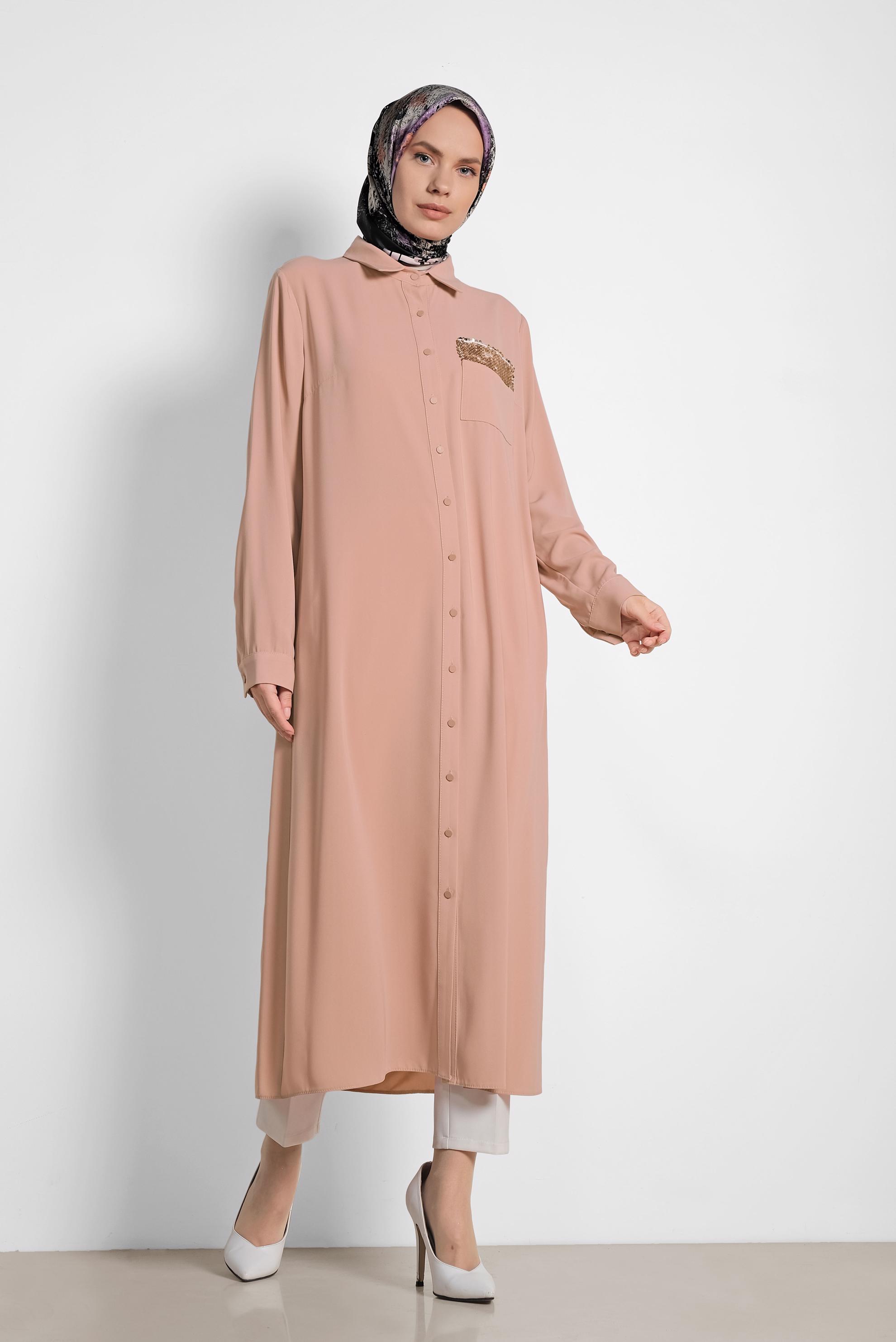 Tesettür giyim KAHVE PUL PAYET İŞLEMELİ UZUN TUNİK 4177