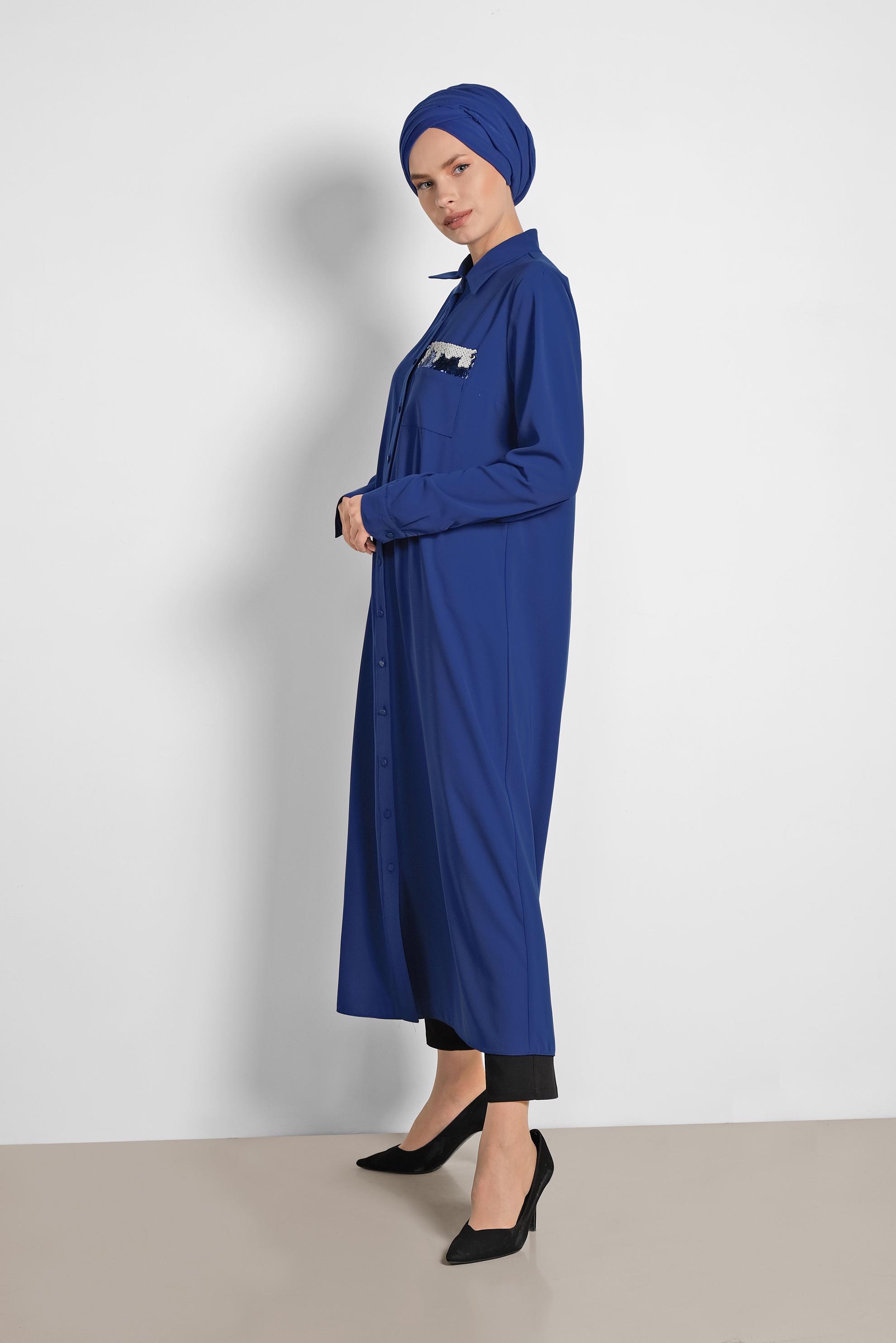 Tesettür giyim MAVİ PUL PAYET İŞLEMELİ UZUN TUNİK 4177