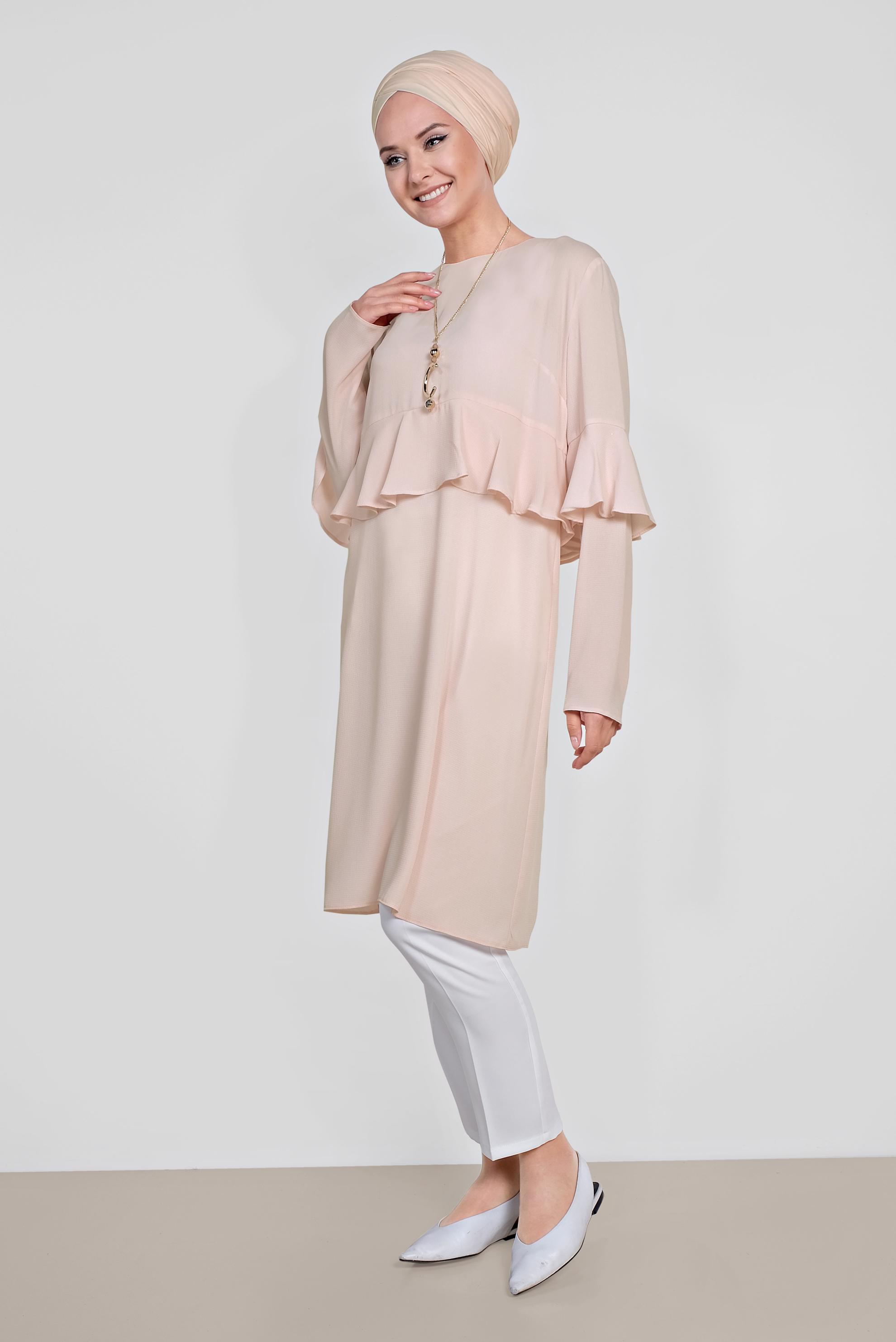 Tesettür giyim PUDRA VOLAN DETAYLI TUNİK 4180