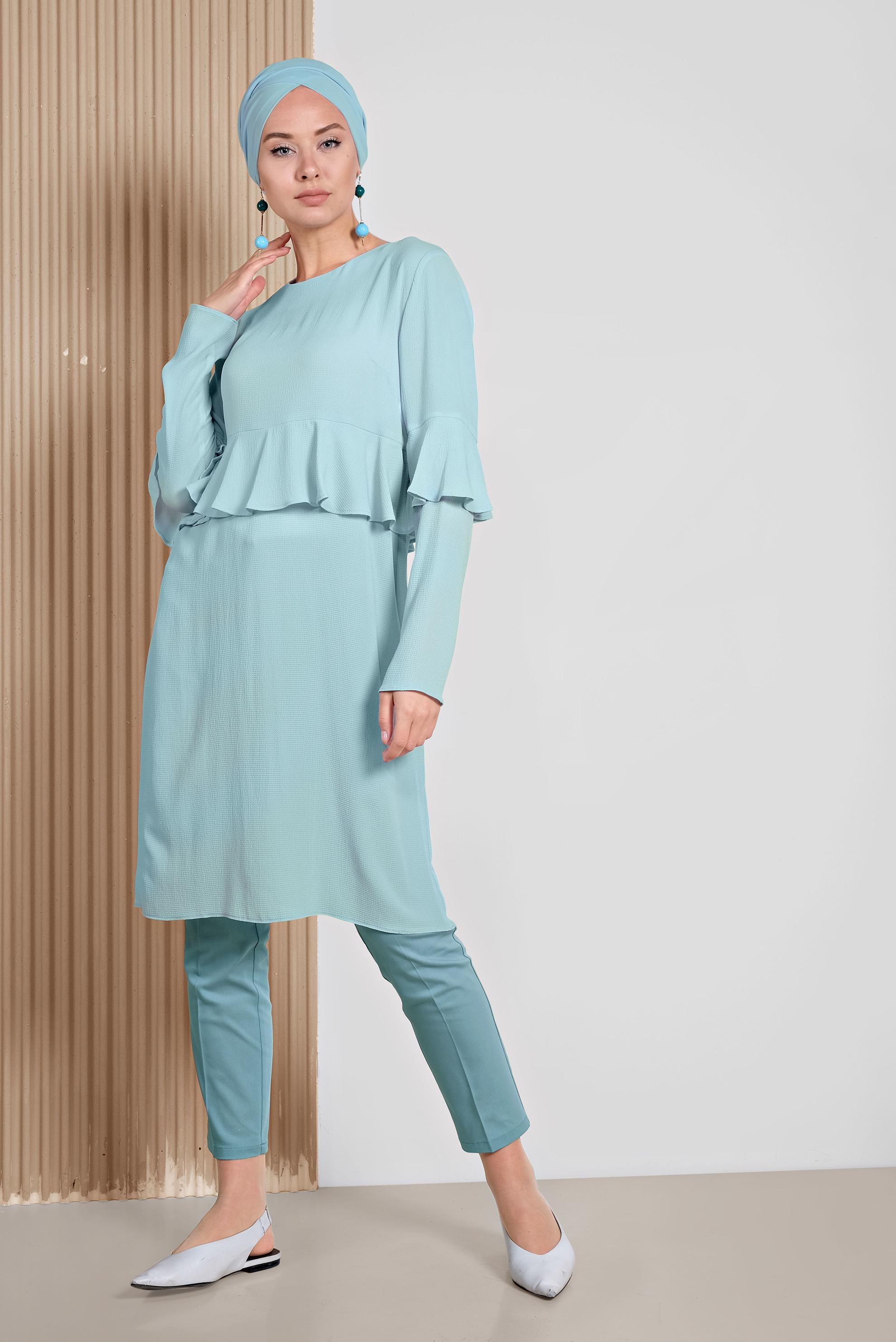 Tesettür giyim YEŞİL VOLAN DETAYLI TUNİK 4180