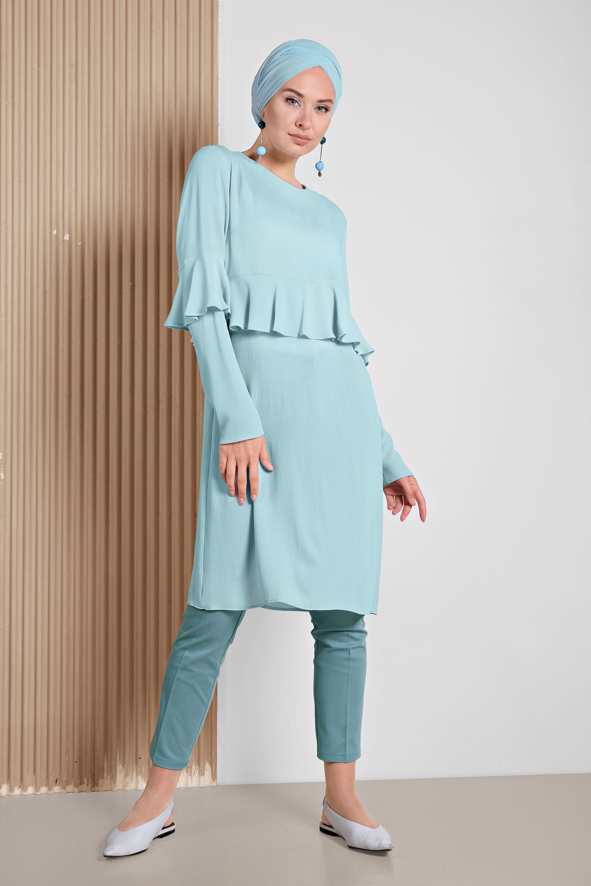 Tesettür giyim YEŞİL VOLAN DETAYLI TUNİK 4180