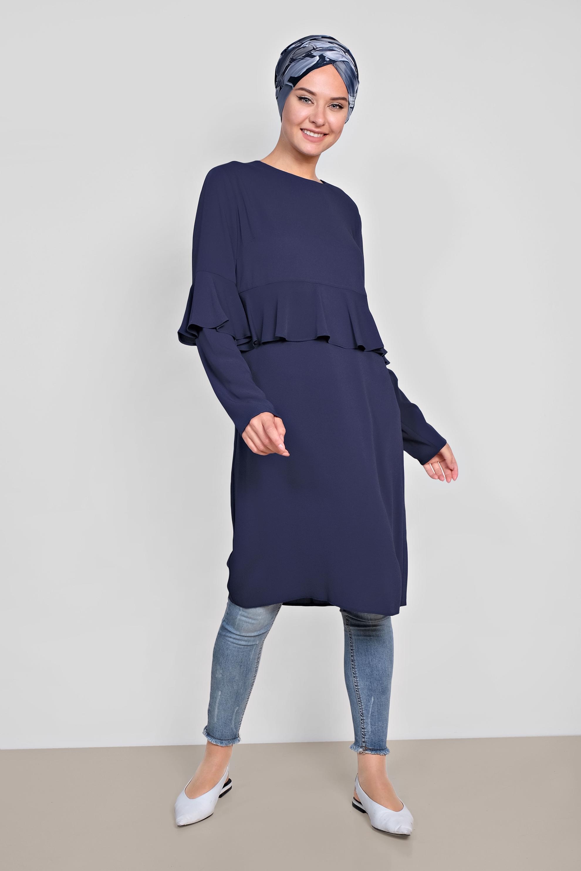 Tesettür giyim LACİVERT VOLAN DETAYLI TUNİK 4180