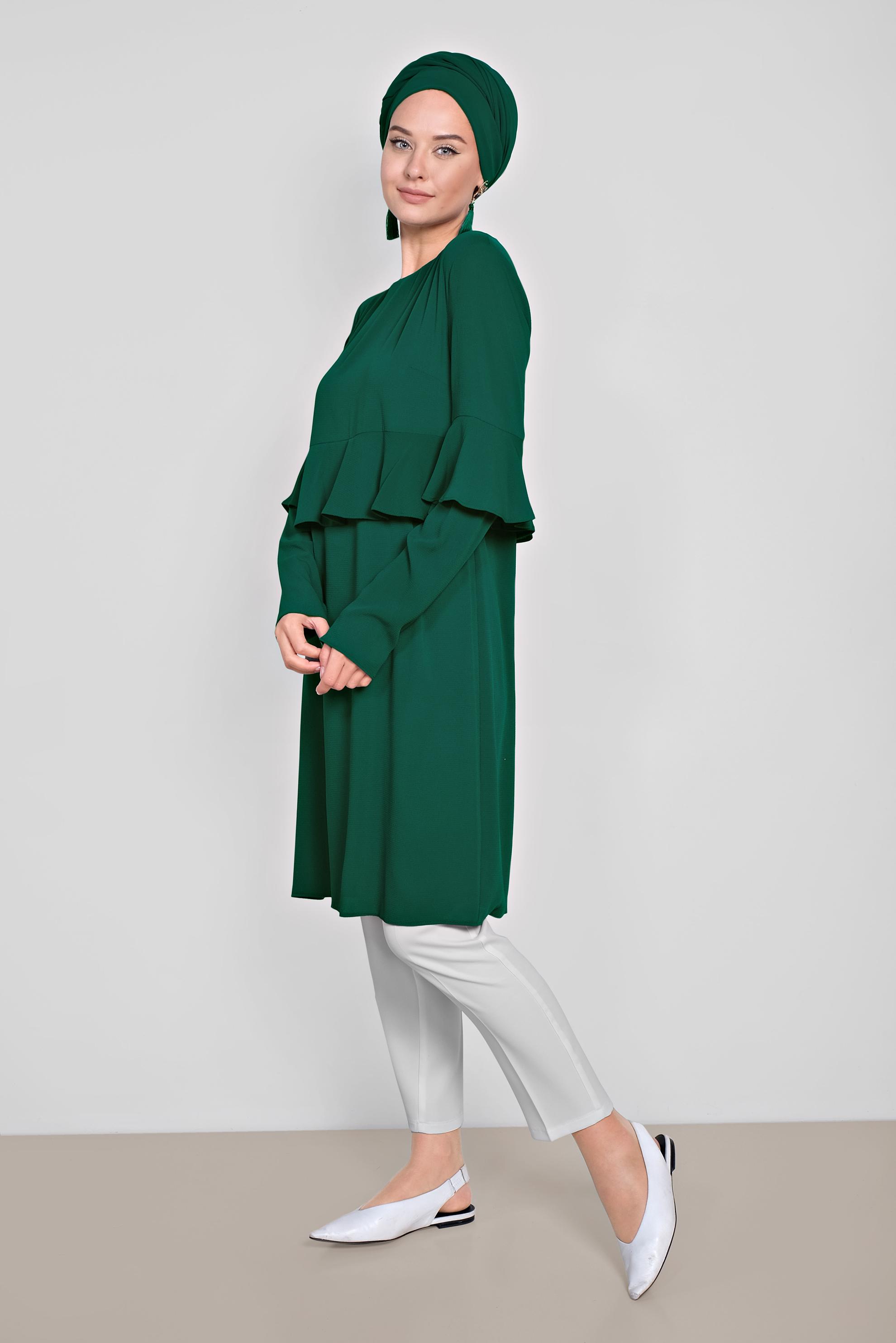 Tesettür giyim YEŞİL VOLAN DETAYLI TUNİK 4180