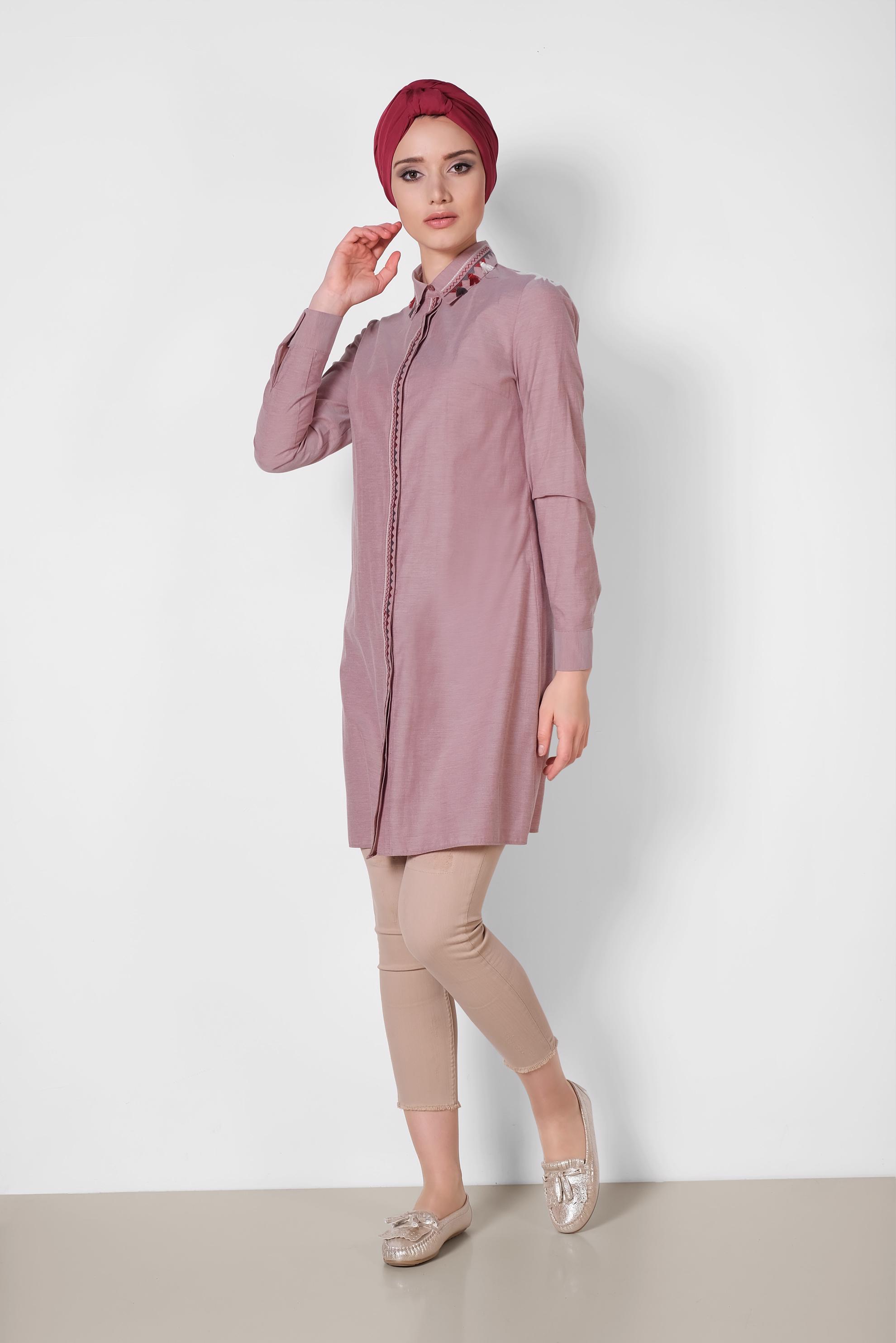 Tesettür giyim BORDO NAKIŞ DETAYLI TESETTÜR TUNİK 4181