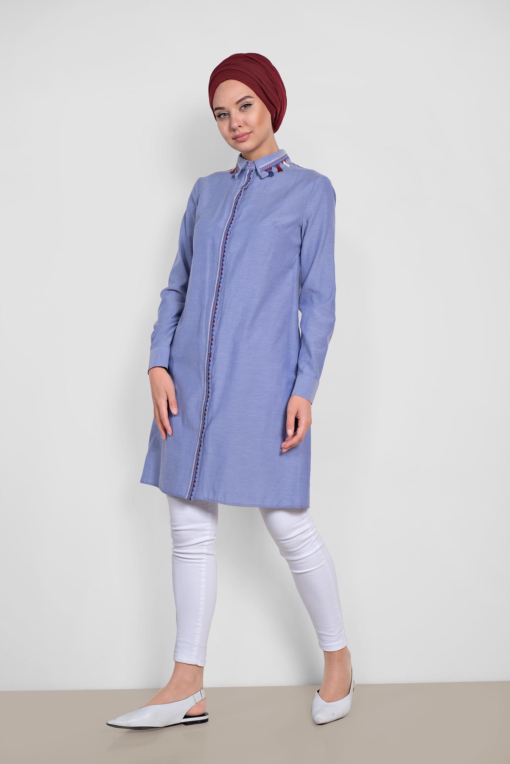 Tesettür giyim LACİVERT NAKIŞ DETAYLI TESETTÜR TUNİK 4181