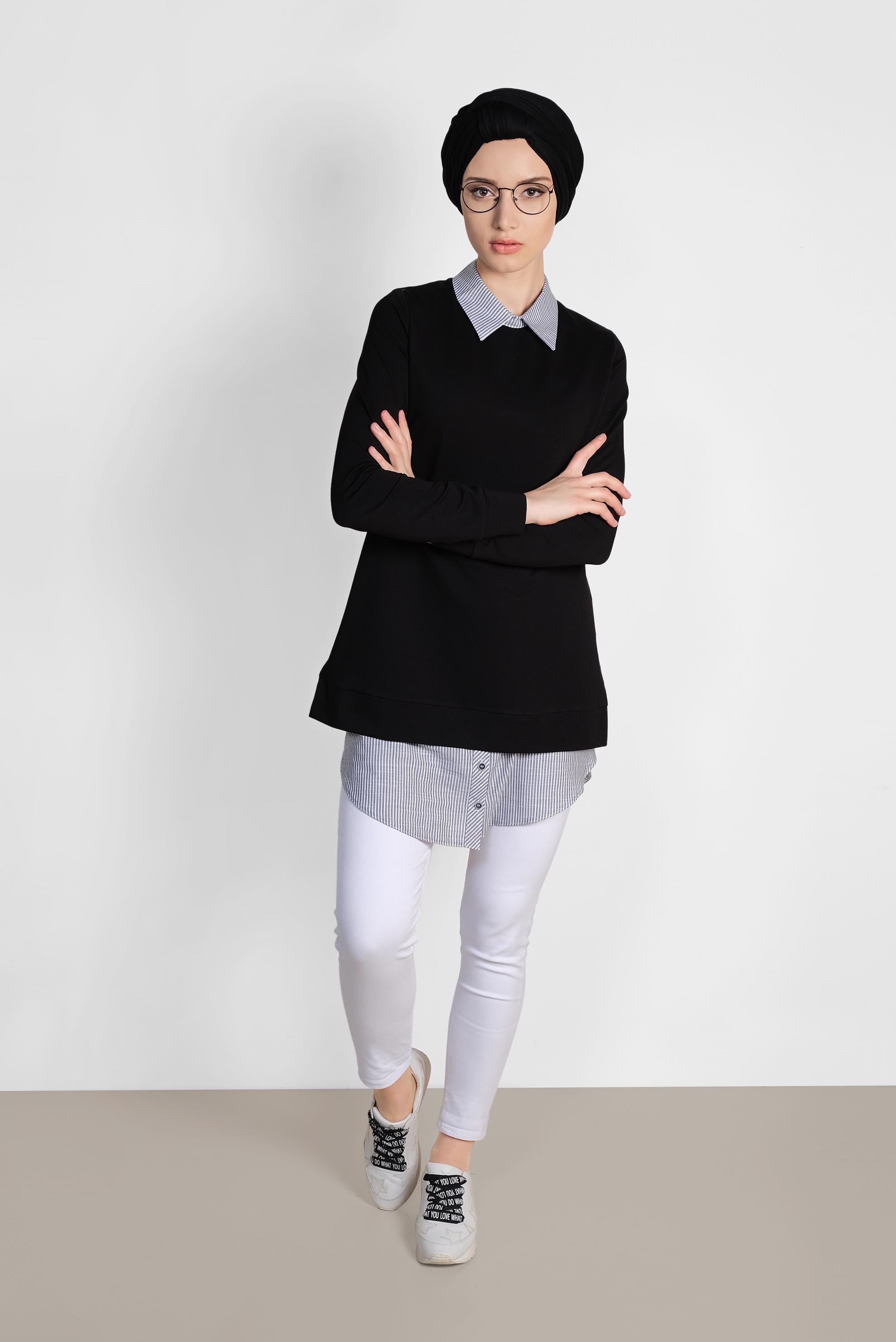 Tesettür giyim SİYAH GÖMLEK DETAYLI TUNİK 4194