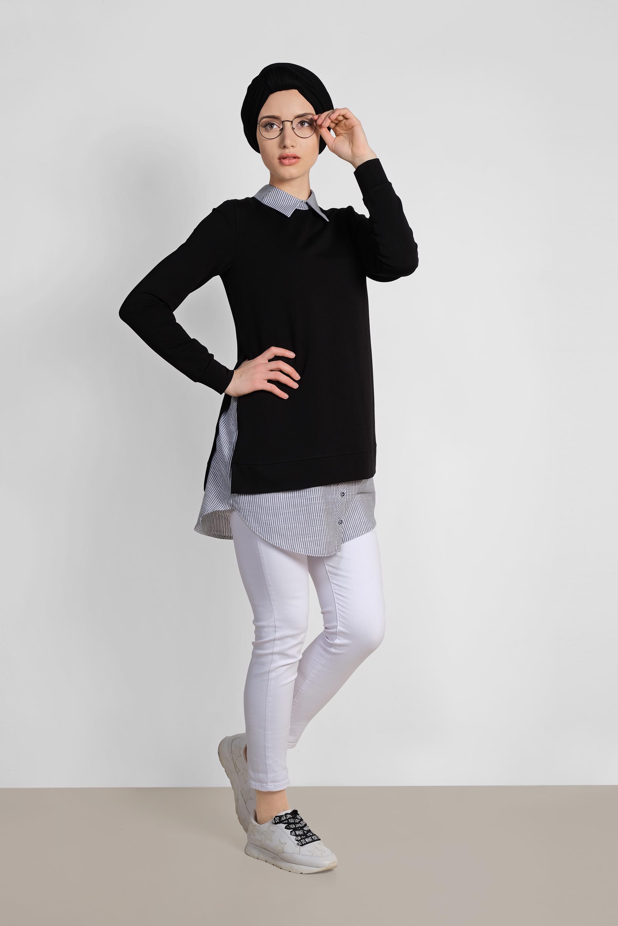 Tesettür giyim SİYAH GÖMLEK DETAYLI TUNİK 4194