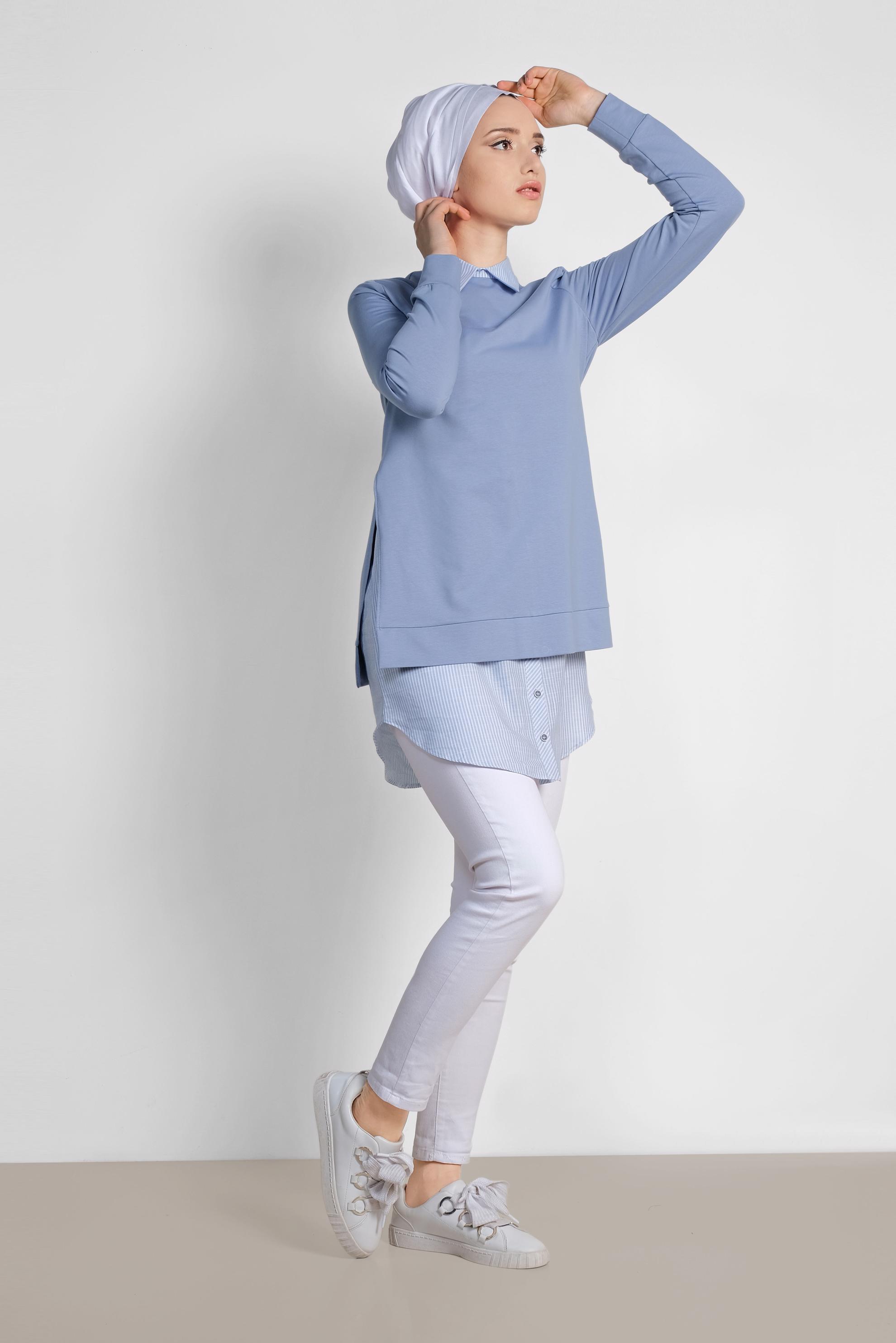 Tesettür giyim MAVİ GÖMLEK DETAYLI TUNİK 4194