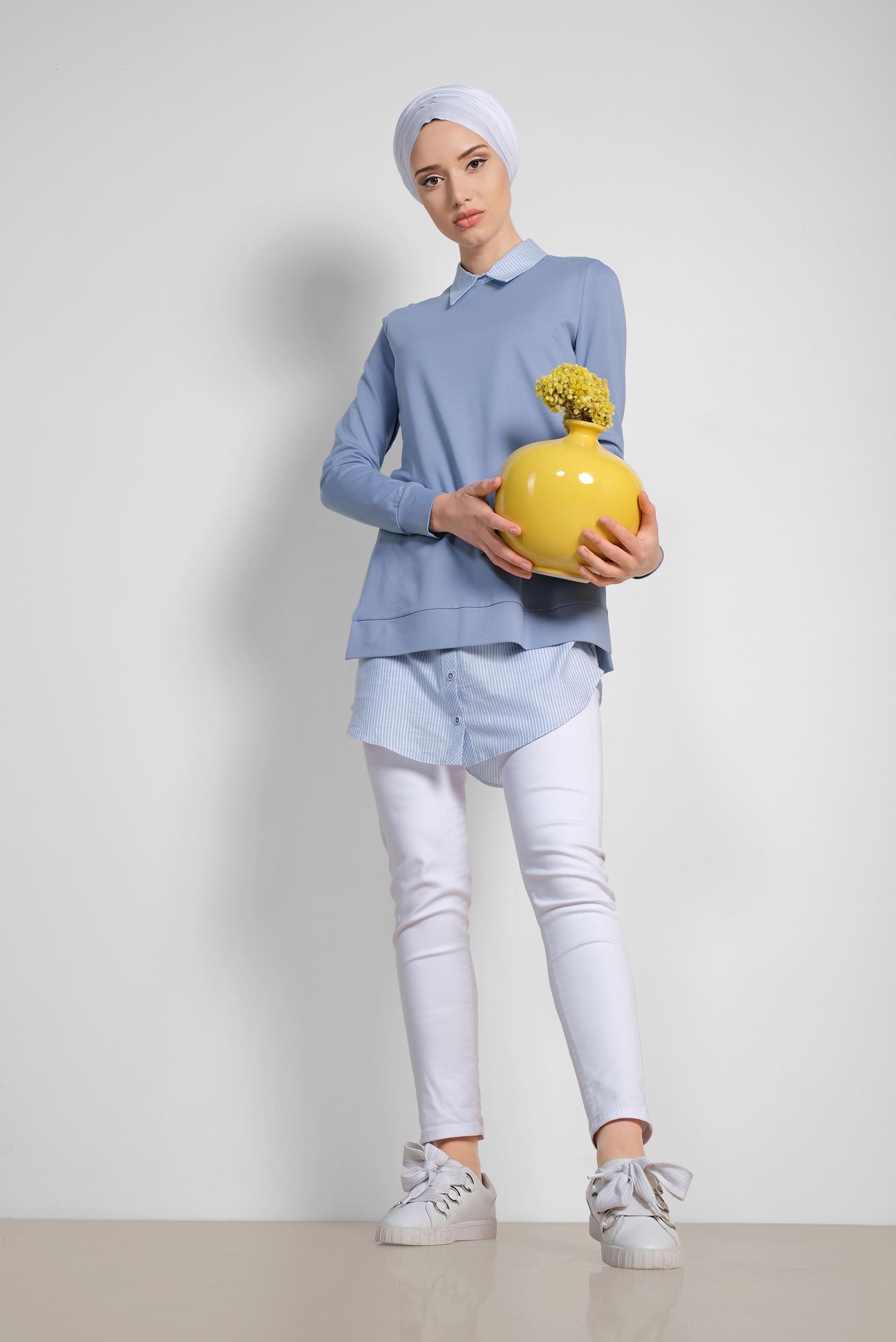 Tesettür giyim MAVİ GÖMLEK DETAYLI TUNİK 4194